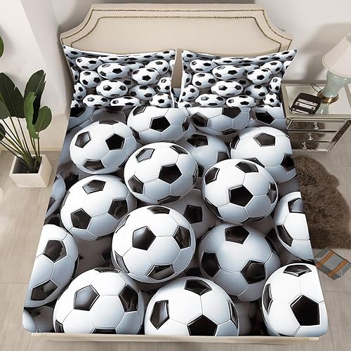 Miniatura 3 de Erosebridal Juego de ropa de cama de fútbol, tamaño individual, para niños, juegos de pelota, deportivos, color negro y blanco, para niños y