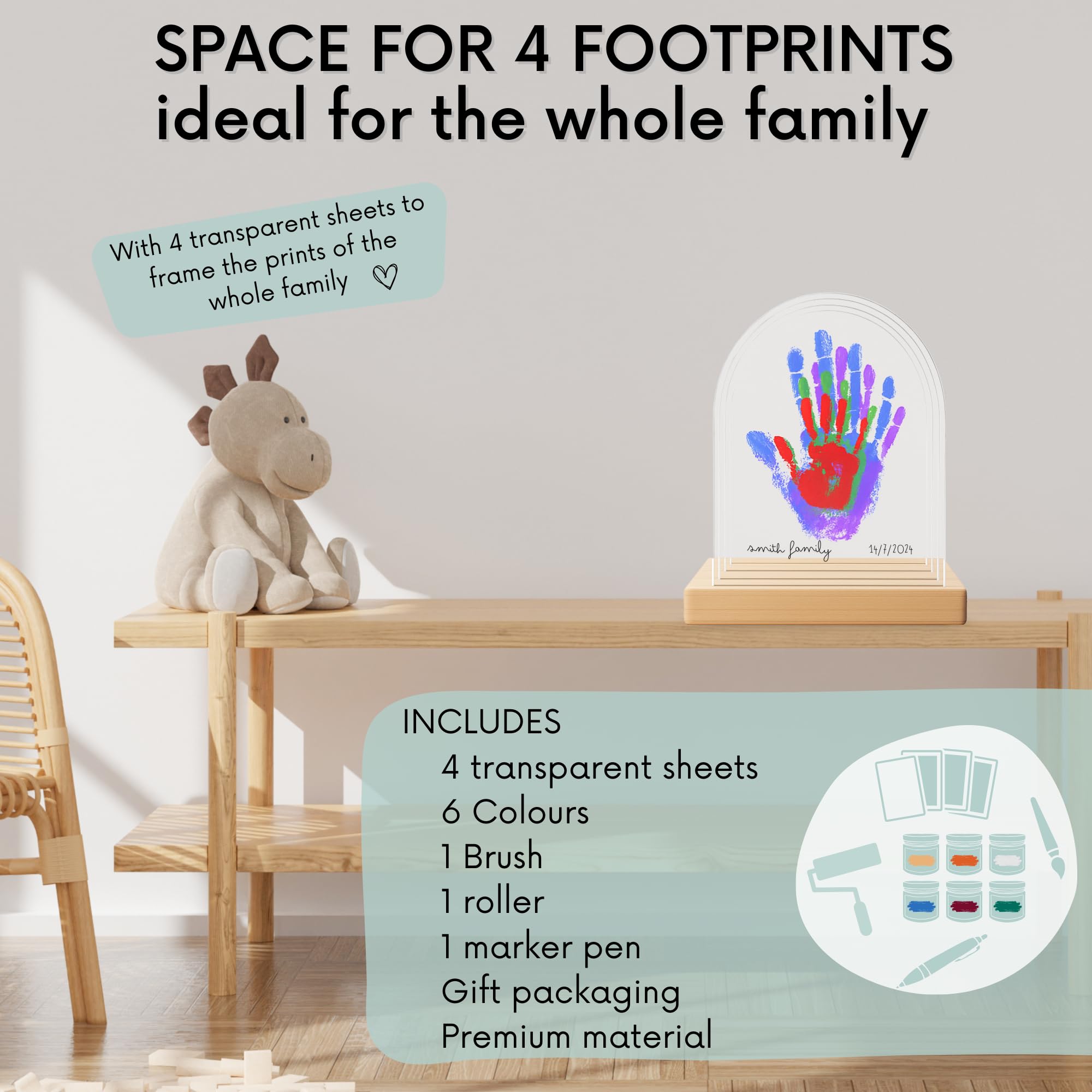 HuBorns - Baby Hand and Footprint Kit & Family Handprint Kit with 4 Handprint Spaces, Hand and Foot Print for Baby Painting Frame, Perfect as New Baby Gifts, New Mum Gift and Family Gifts - 4