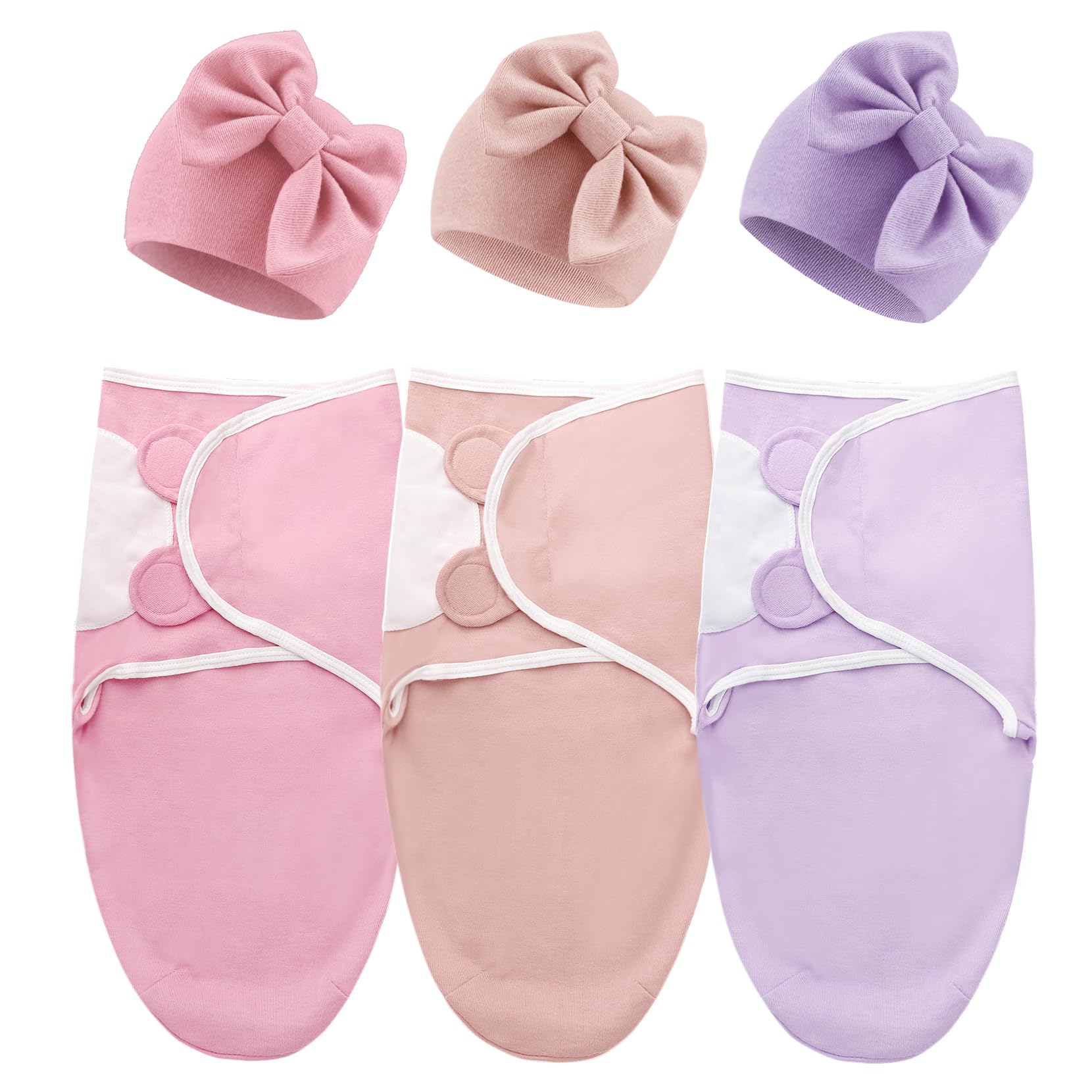 DRESHOW BQUBO 3 Pack Baby Swaddle Sleep Sacks Baby Swaddling Blanket Wrap Newborn Swaddle Sack with Big Bow Hat for Boys Girls 6-12 Lbs Newborns & 0-3