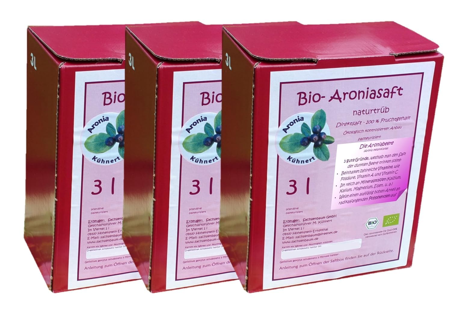 Sparpaket, Bio-Aroniasaft 3 x 3 Liter Box aus sächsischem Anbau - Aroniasaft aus 100% Aroniabeeren, 9 Liter, DE-ÖKO-006 …, Neue Ernte 2026