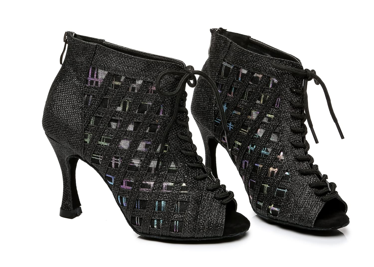 Damskie sznurowane buty typu peep toe, siateczka, brokat, syntetyk, rozkloszowany obcas, tango, sala balowa, do tańca latynoskiego, zamek błyskawiczny