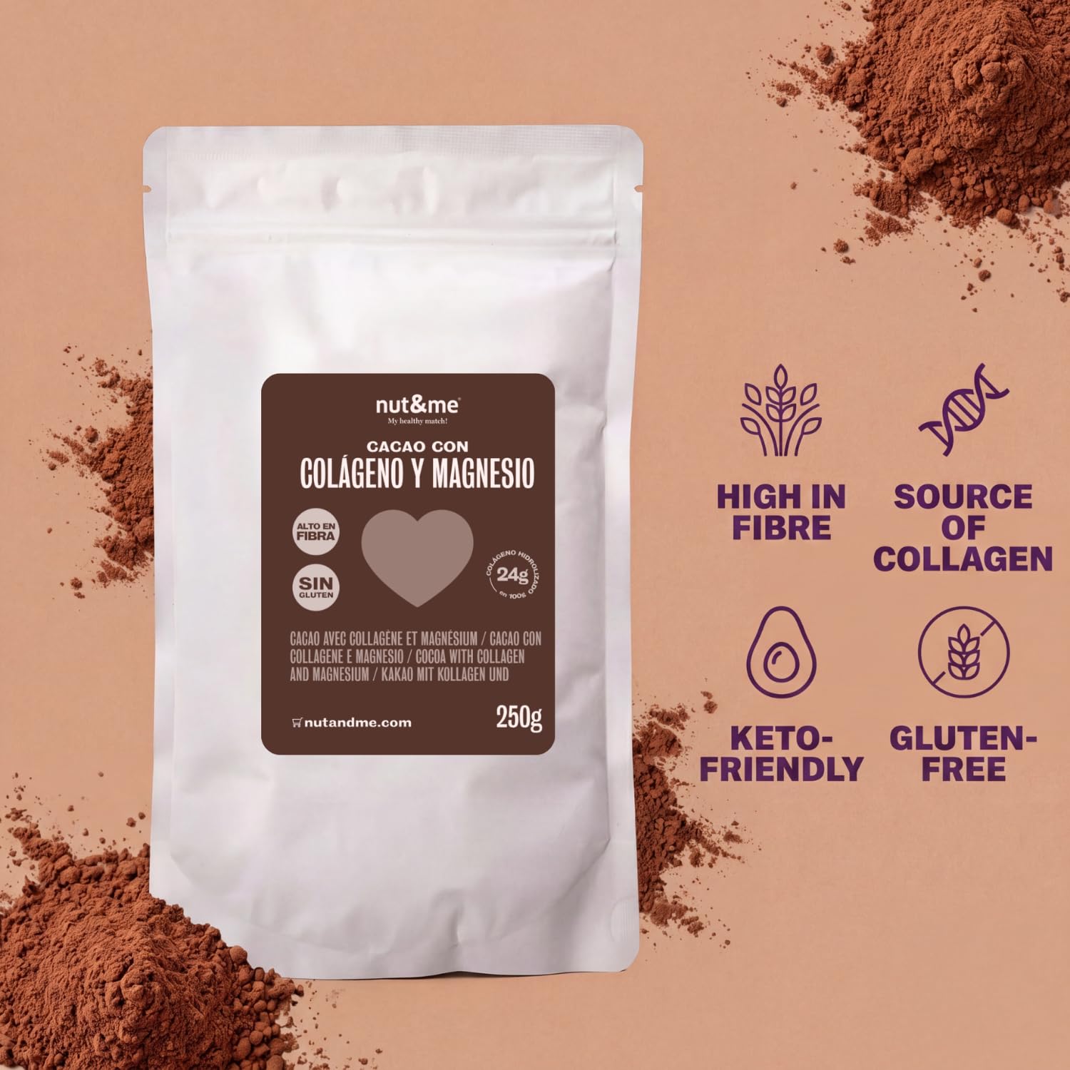 Nut&me Cacao con colágeno y magnesio 250 gr, alto en magnesio, hierro, potasio, keto, sin gluten