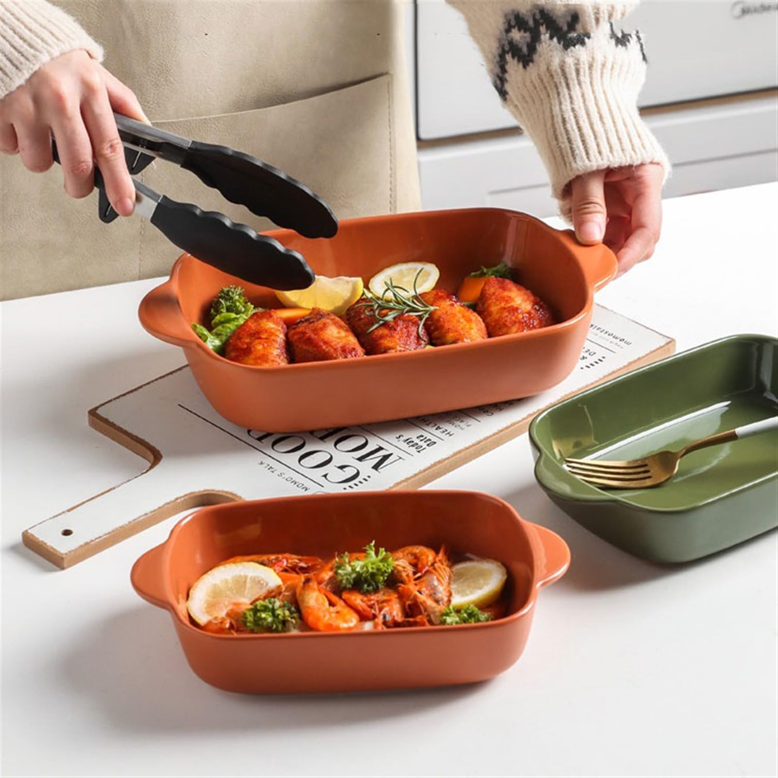 Fuentes Horno Bandeja for hornear arroz al horno con queso, utensilios especiales for horno, cuenco de cerámica, plato Rectangular for microondas de doble oreja Fuente Lasaña(Red,11inches)