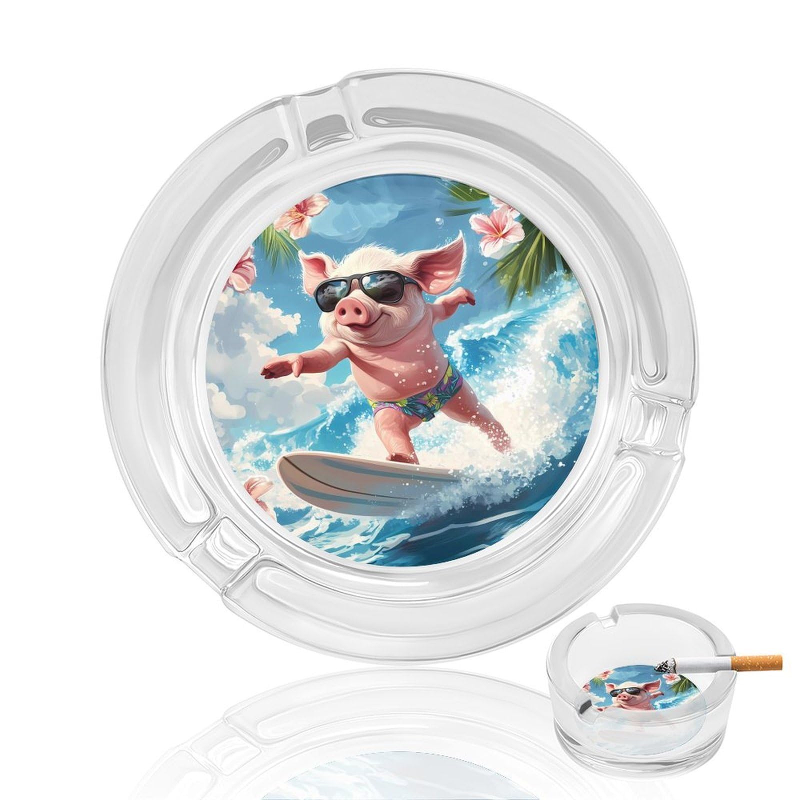Pigs Surfing Ashtray Portable Round Glass Outdoor Ash Tray for Home Office Garden Pub