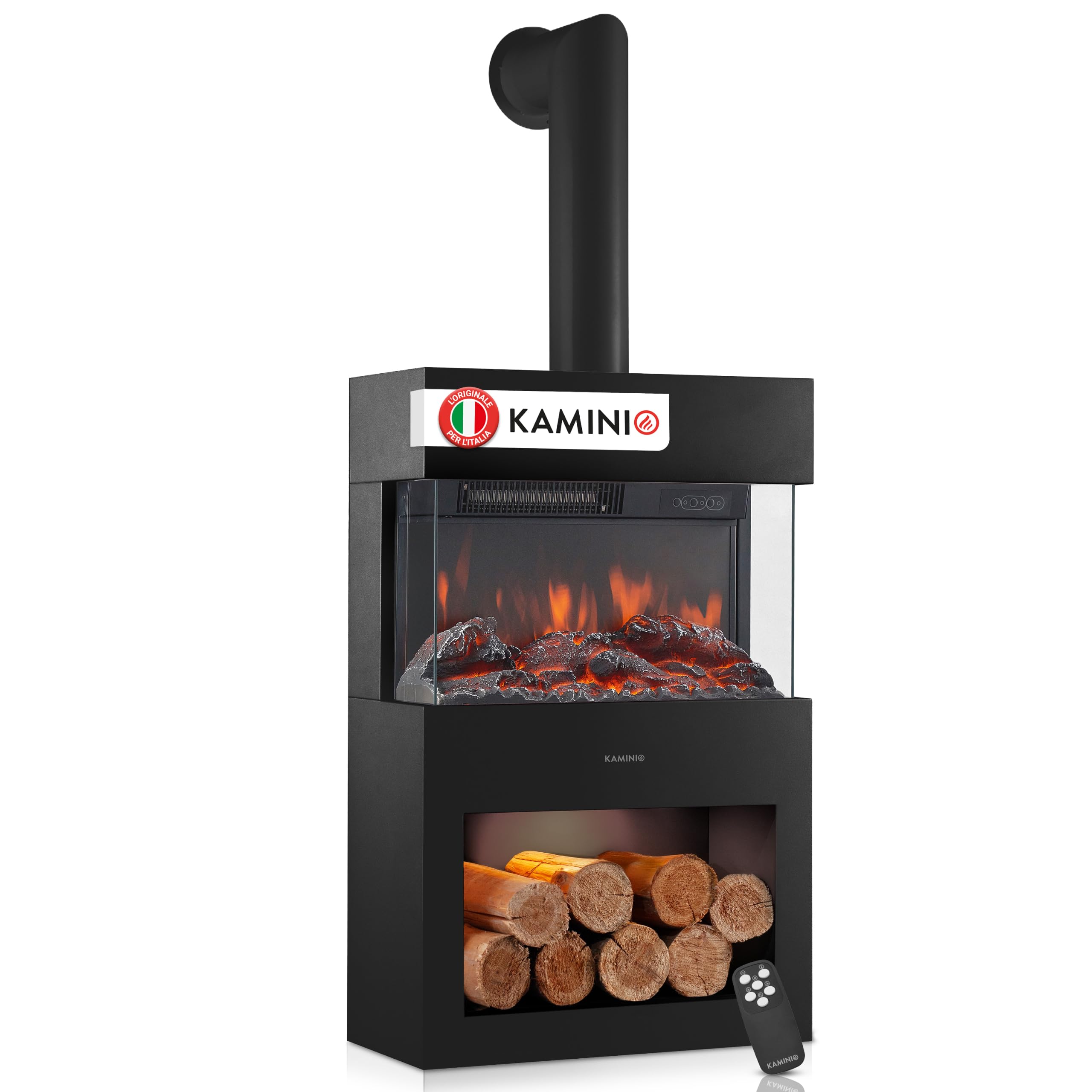 KAMINIO® Henri Camino elettrico da appoggio con tubo per stufa [Nero] | Caminetto elettrico a forma di stufa, termocamino con effetto fuoco LED, vano illuminato, timer, termostato e telecomando