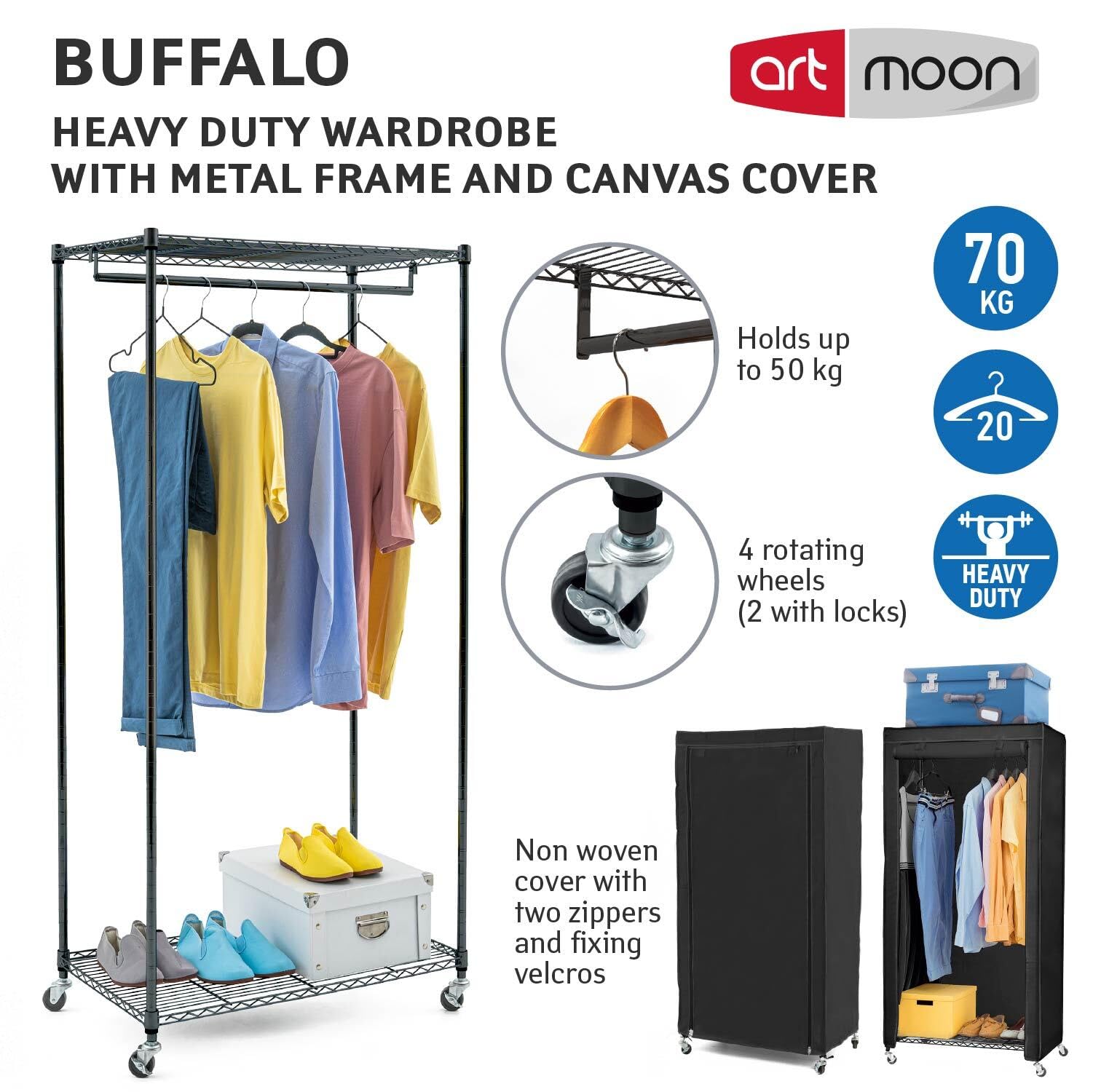 art moon Buffalo - Perchero Burro de Ropa Robusto con Funda de Tela, Armario Guardarropa Resistente con Ruedas y 2 Estantes, 70 KG, Algodón Negro