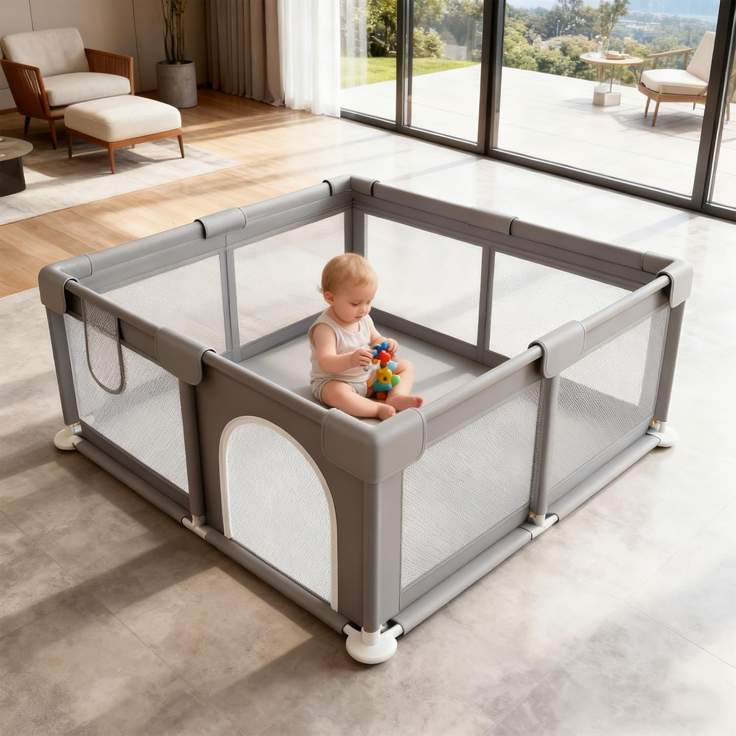 Baby Playpen for Babies and Toddlers, 47 x 47 Inch Baby Playard, Indoor & Outdoor Safety Play Yard with Breathable Mesh, Anti-Slip Base, Skin-Friendly Fabric Activity Center, Grey