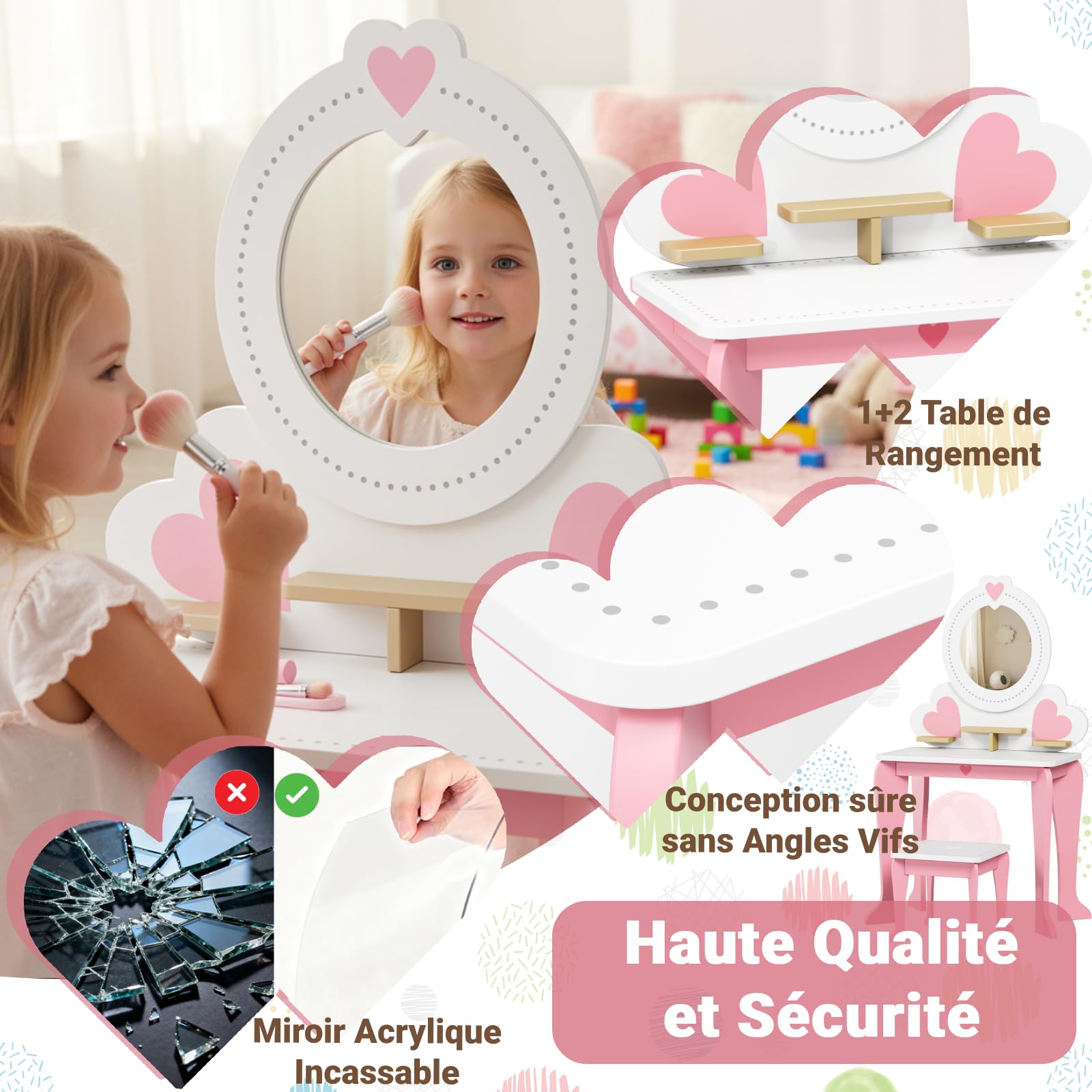 Clevich 2 en 1 Coiffeuse Enfant, Coiffeuse pour Fille avec Miroir et Tabouret Enfant, Bureau pour Enfants, Table de Maquillage pour Enfants 3 à 8 Ans (Rose)