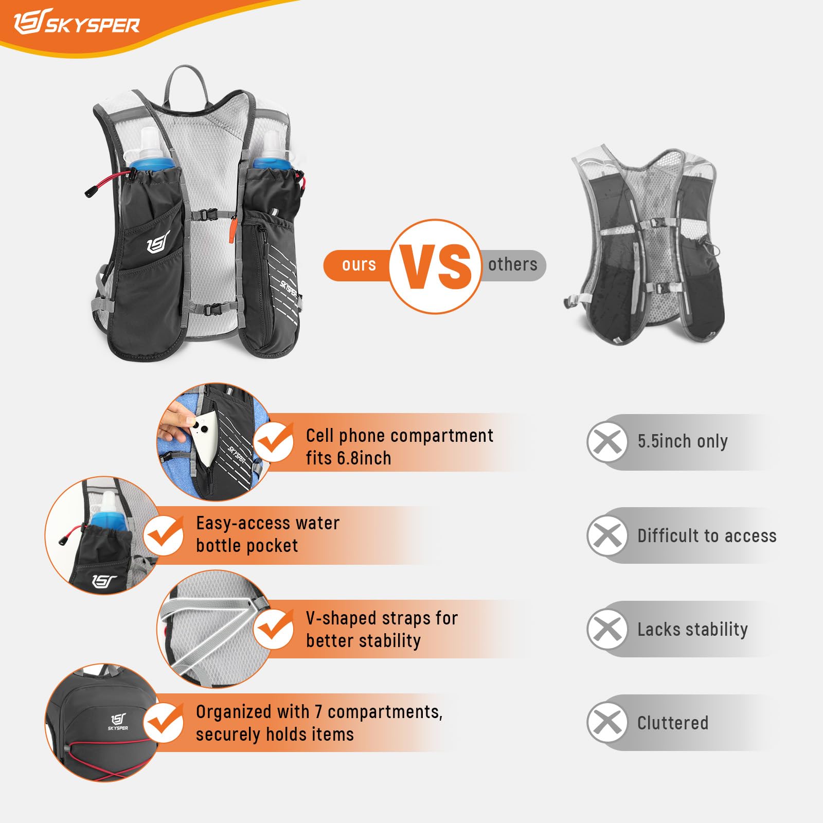 SKYSPER Kamizelka do biegania, 12 l, plecak do picia z 2 miękkimi butelkami, 500 ml, plecak do biegania, trailrunningu, kamizelka do biegania, wędrówek, maratonu, dla kobiet i mężczyzn