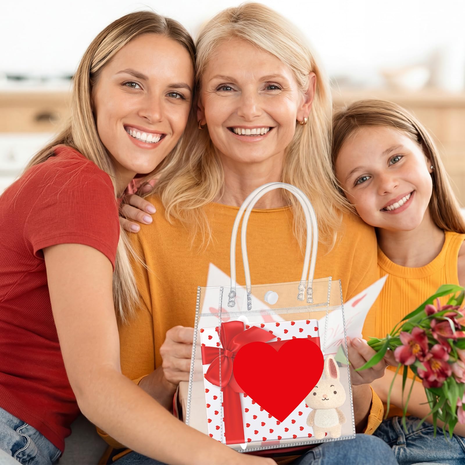 Aliceset 24 Pcs Heart Gift Bags Bulk Clear PVC Gift Bags with Handles Heart Pattern Reusable Transparent Tote for Party Favors Candy Treat for Women Mother`s Day (Love, 6.31"x 5.91"x 3.15")