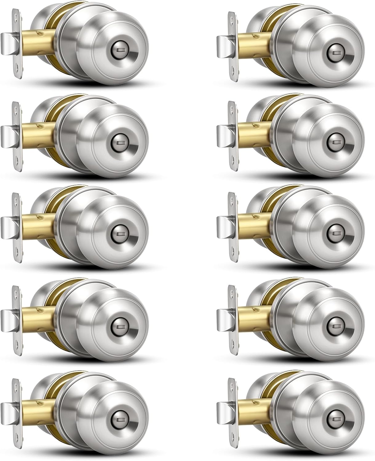 10 Pack Brushed Nickel Door Knobs,Privacy Door Knob with Lock, Interior Doorknobs Silver, Keyless Door Locks Set for Bedrooms Bathrooms, Reversible for Left/Right Door Handle
