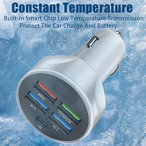 Miniatura 5 de Cargador de coche USB de 5 puertos, adaptador de encendedor de cigarrillos de carga súper rápida de 250 W con monitor de voltaje LED, 4 USB + tipo C
