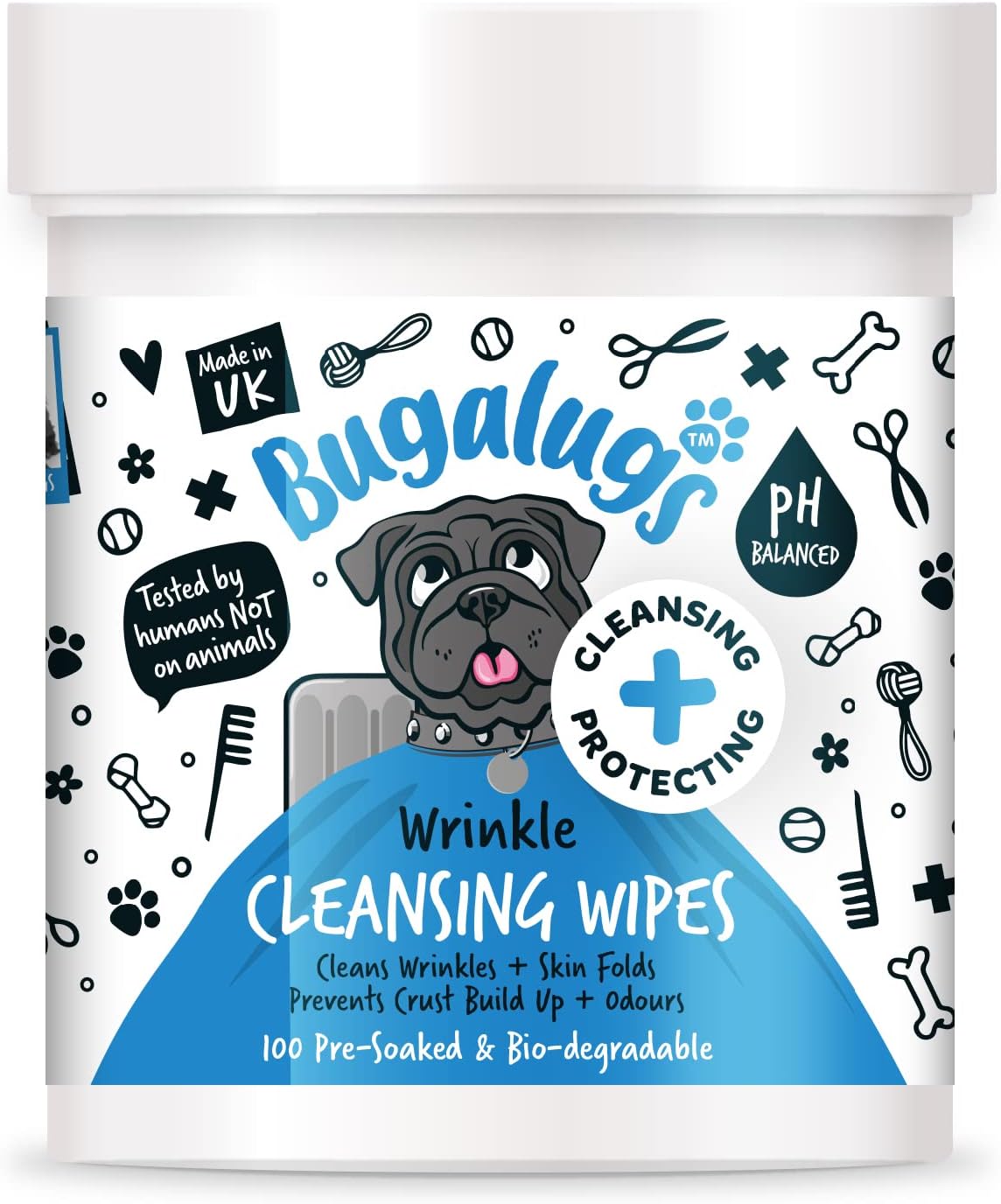 Wrinkle Dog Wipes for pawly skin - 100 Biodegradable dog grooming pet wipes. Use as Dog ear wipes, dog eye wipes, dog face wipes, Paw & Bum wipes for puppy, dogs & cat grooming