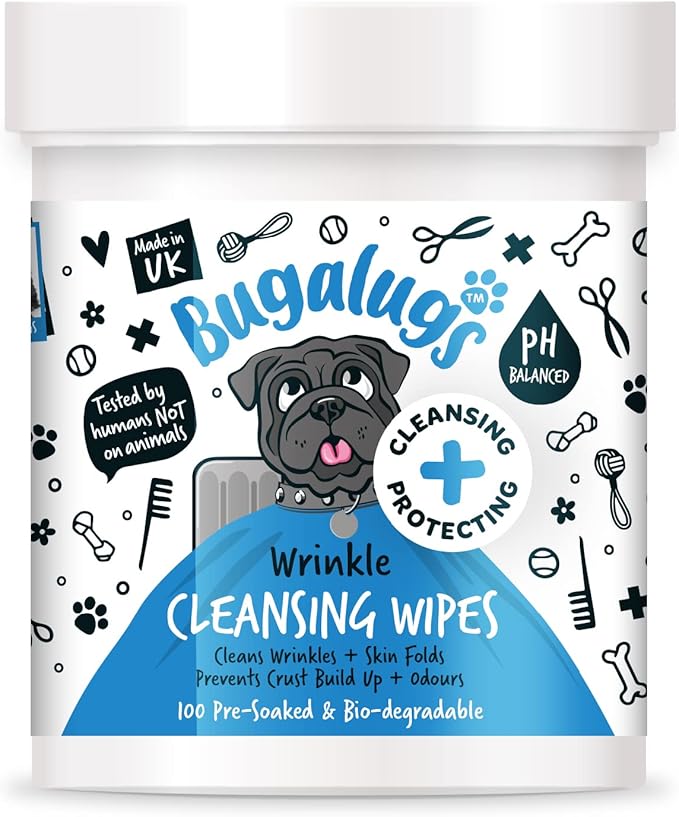 BUGALUGS Wrinkle Dog Wipes for pawly skin 100 Biodegradable dog grooming pet wipes. Use as Dog