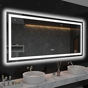 LOAAO 60X28 LED Bathroom Mirror with Lights, Anti-Fog, Dimmable, Backlit + Front Lit, Lighted Bathroom Vanity Mirror for Wall, Memory Function, Tempered Glass, ETL Listed