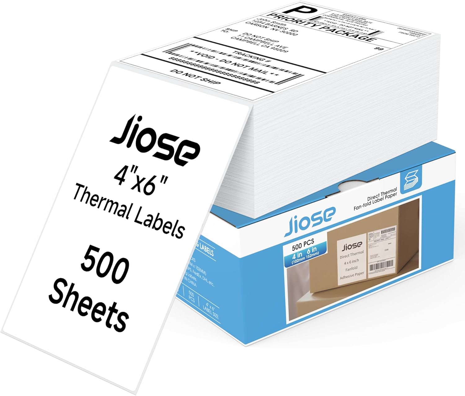 Jiose Direct Thermal Labels 500 pcs Labels Commercial Grade Fanfold Perforated 4x6 Label Paper for Small Business Shipping Package - White
