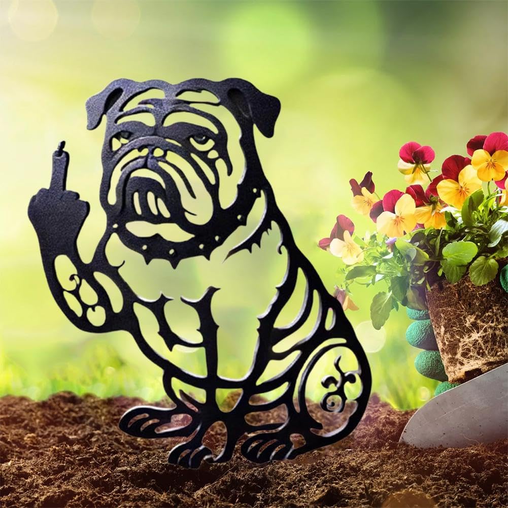 Creative Bulldog Metal Garden Decor,Middle Finger Bulldog Flipping