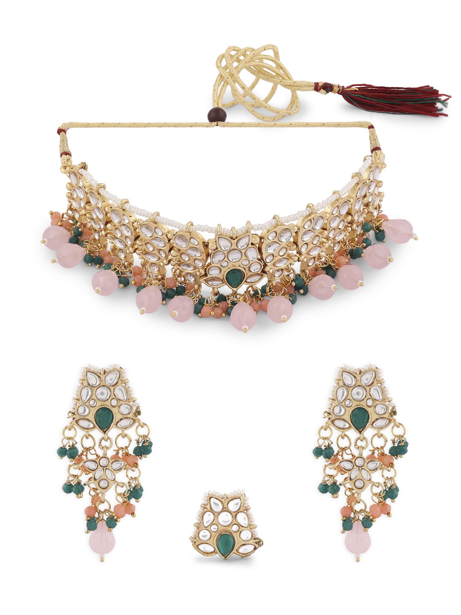 ZAVERI PEARLS Multi Colour Cluster Drops Kundan Choker Necklace Earring & Ring Set For Women-ZPFK16512 (B0CKL93CJP) Amazon Price History, Amazon Price Tracker