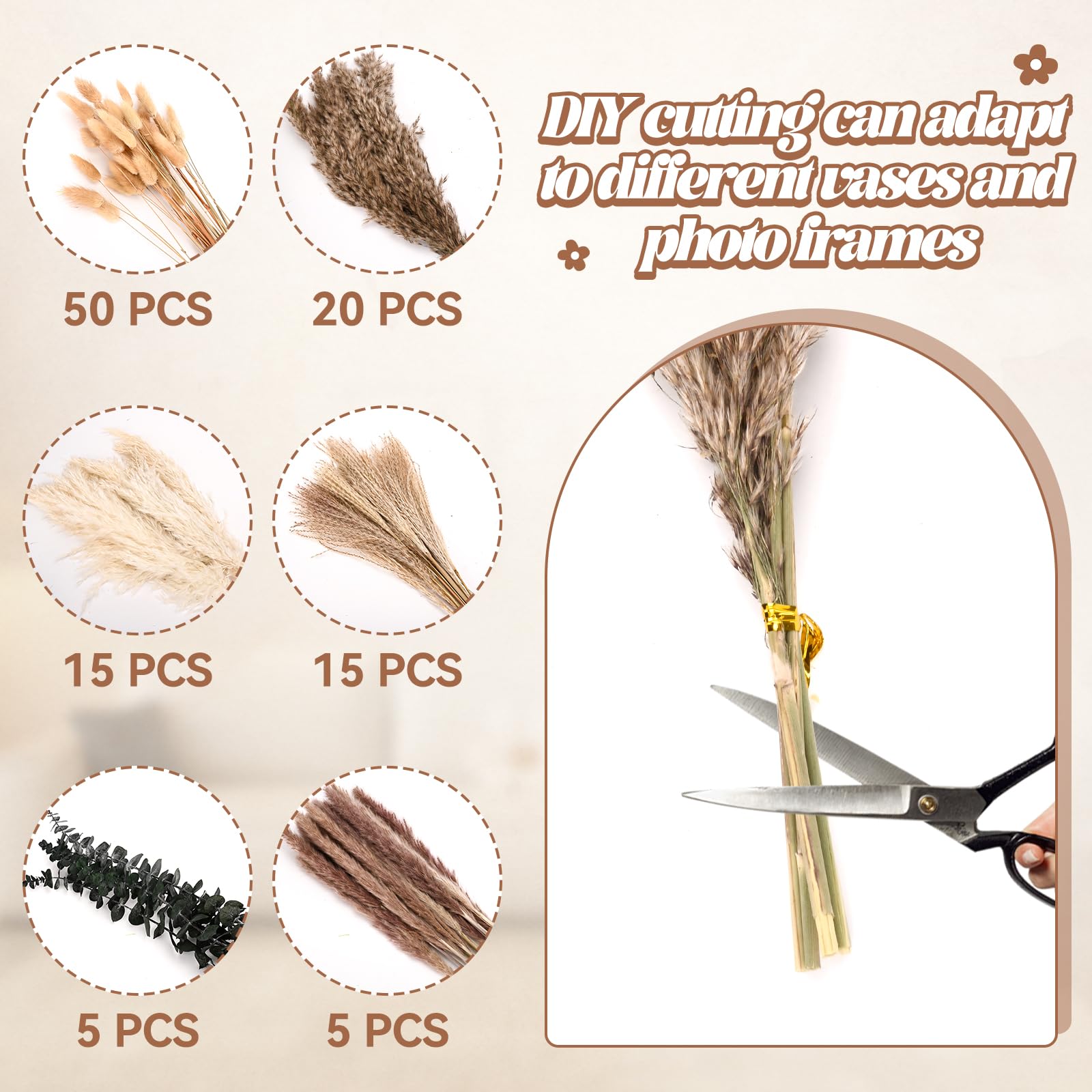 110 Pezzi Bouquet di Pampas Grass Essiccato, Naturale Fiori Secchi Decorativi, Pampas Decorative Abbinamento Eucalipto Essiccato, Fiori Boho per Soggiorno, Camera, Tavolo Matrimonio