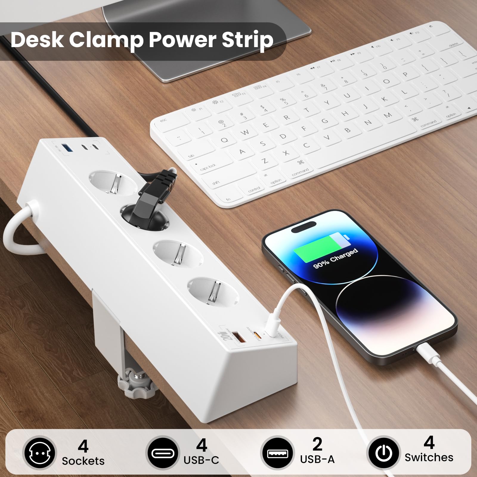 Ciabatta Multipresa da Tavolo con USB C 20 W, Multipresa USB con Interruttore Commutabile Singolarmente, Ciabatta Elettrica Multipresa con 4 USB C e 2 USB A, Cavo da 2M, Bianco