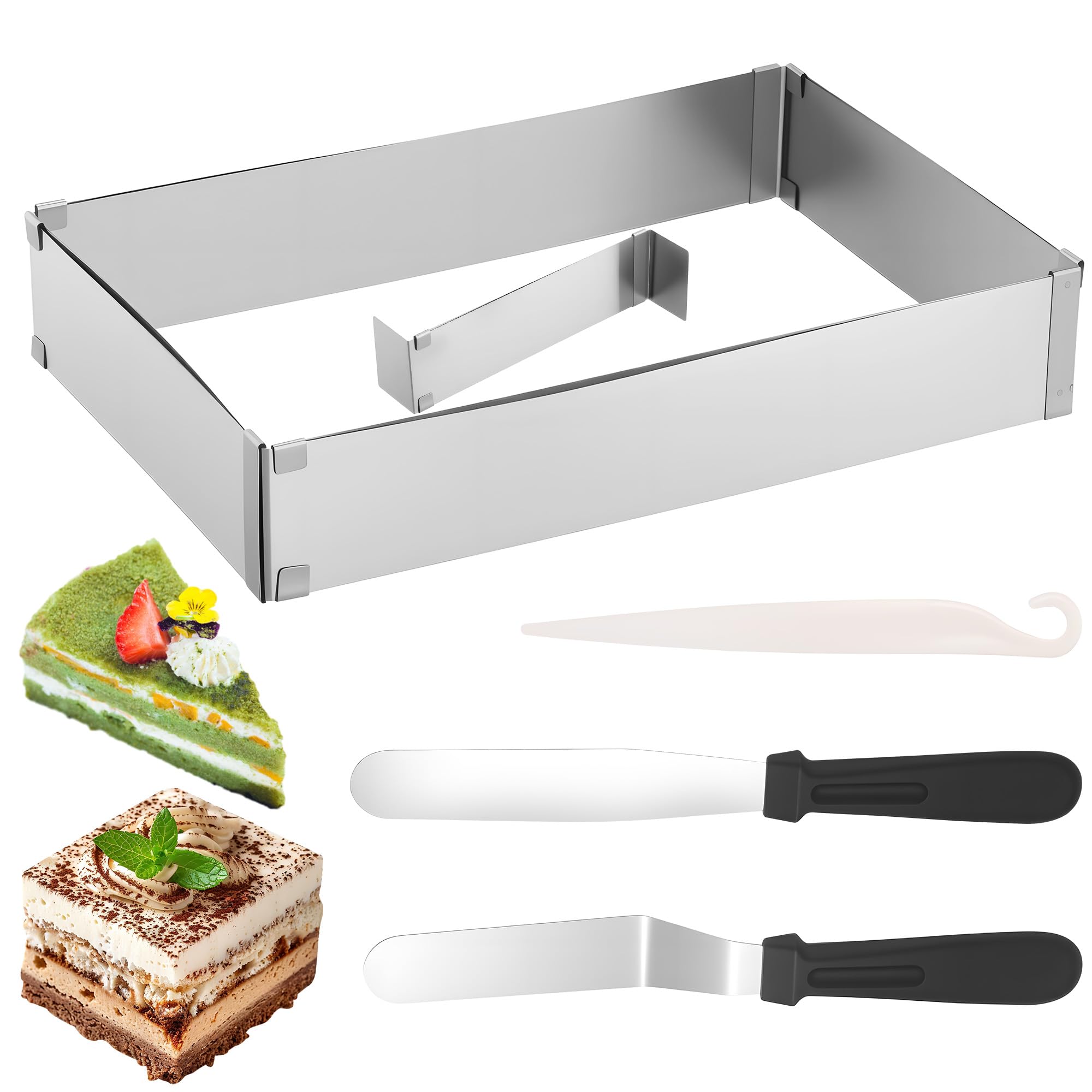 Zocipro Backrahmen Eckig Verstellbar,27x18cm (5cm Hoch) Tortenring Rechteckig Verstellbar Erweiterbar auf 52x34cm mit 1 Verstellbar Teiler und 2 Spatel für Kuchen Torten Pizza Backen Party Dekorieren