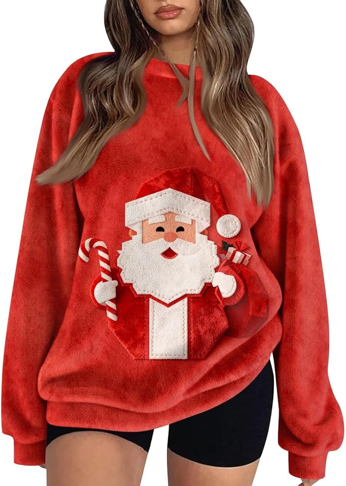 Christmas Sweatshirts for Women Cute Santa Claus Graphic Xmas Tops Flannel Fleece Soft Festive Holiday Party Outfit