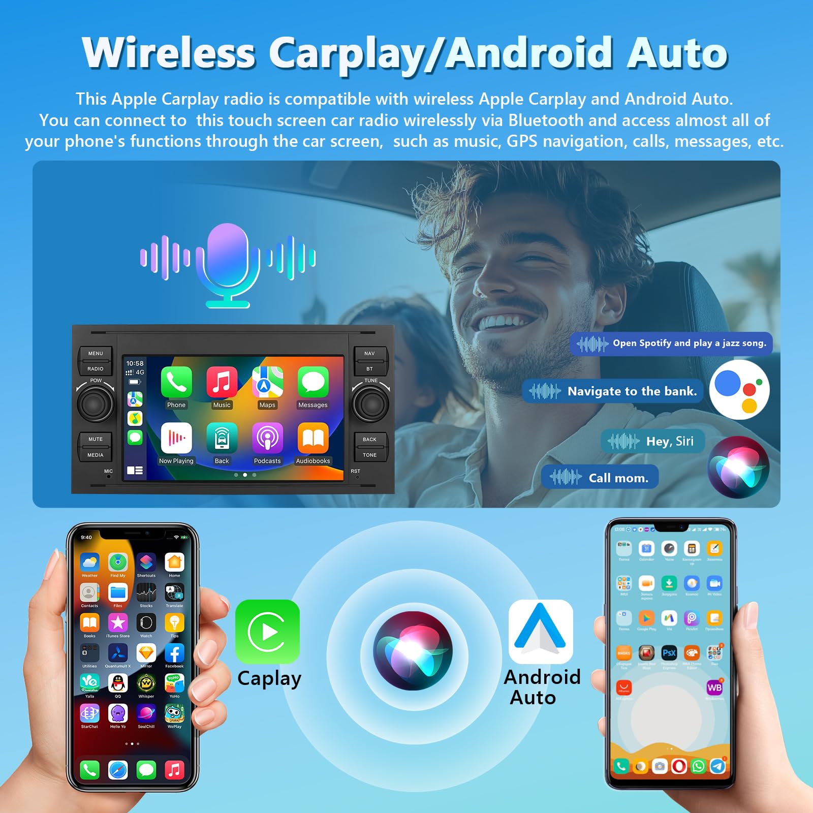 Carplay Autoradio per Ford Transit Fiesta Focus Galaxy con Bluetooth, 2GB+64GB Android Auto Car Stereo 7" IPS Schermo con GPS 5G WiFi RDS/FM SWC USB Mirror Link Canbus +Telecamera Posteriore
