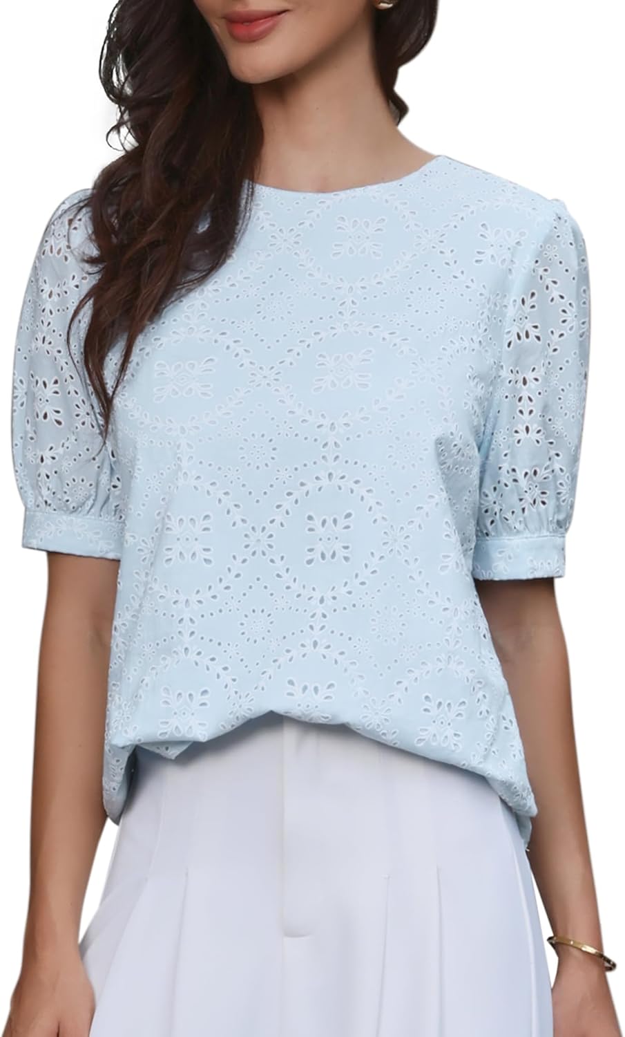 Allegra K Summer Tops for Women's Puff Short Sleeve Crew Neck Eyelet Hollow Out Shirts