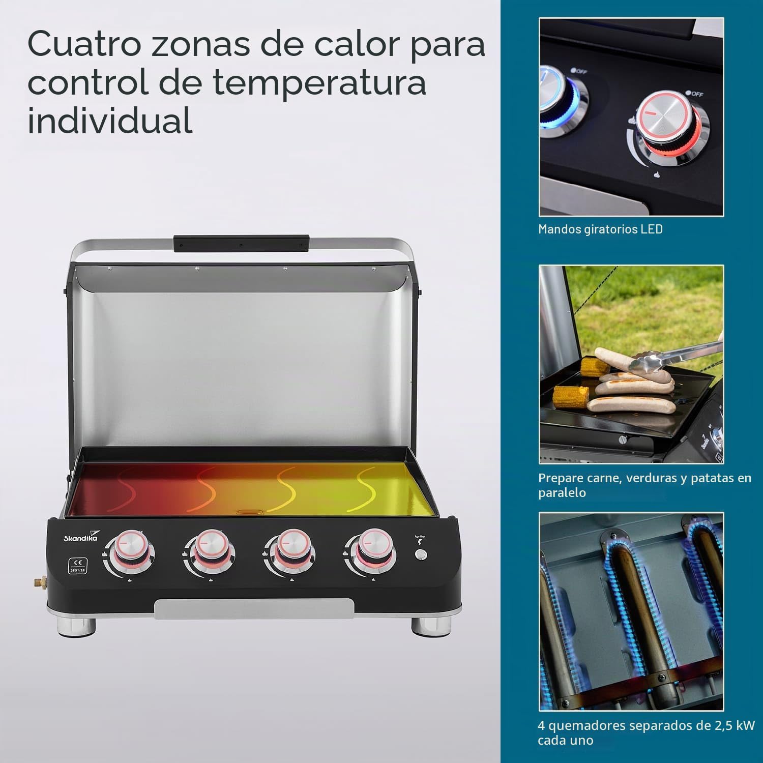 Skandika Plancha Grill Palo de 4 quemadores Plus - Plancha de gas con tapa - barbacoa de gas portátil con placa de cocción - Patas regulables en altura - Bandeja recogegrasa