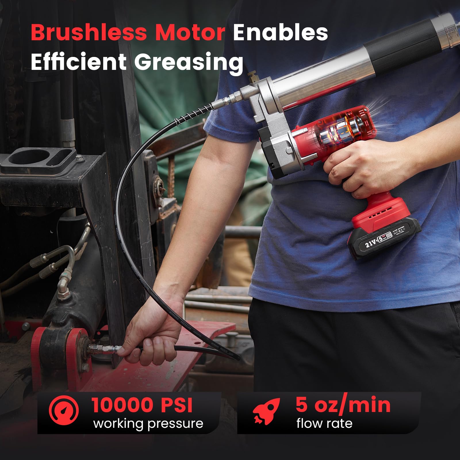 Engrasadora Bateria 10.000 PSI, 5 oz/min, Manos Libres, Pistola de Engrasar con 2 x 2000mAh Baterías, 39.4" Manguera Larga, 3 Diferentes Acopladores, para Engrasar Equipo Pesado