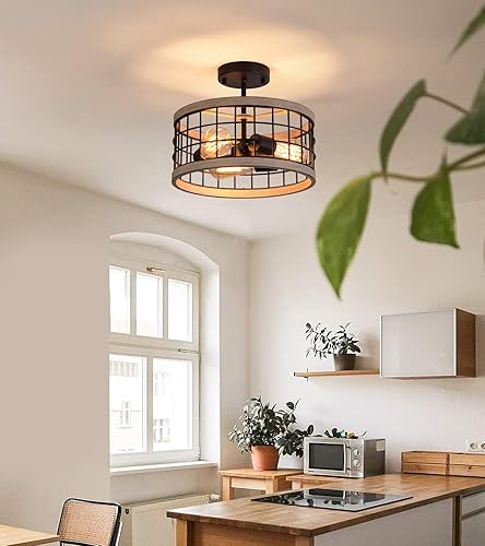 Miniatura 2 de MEIXISUE Lámpara de techo semiempotrada con acabado negro y roble, 3 luces, lámpara de techo de tambor rústico para pasillo, cocina, entrada,