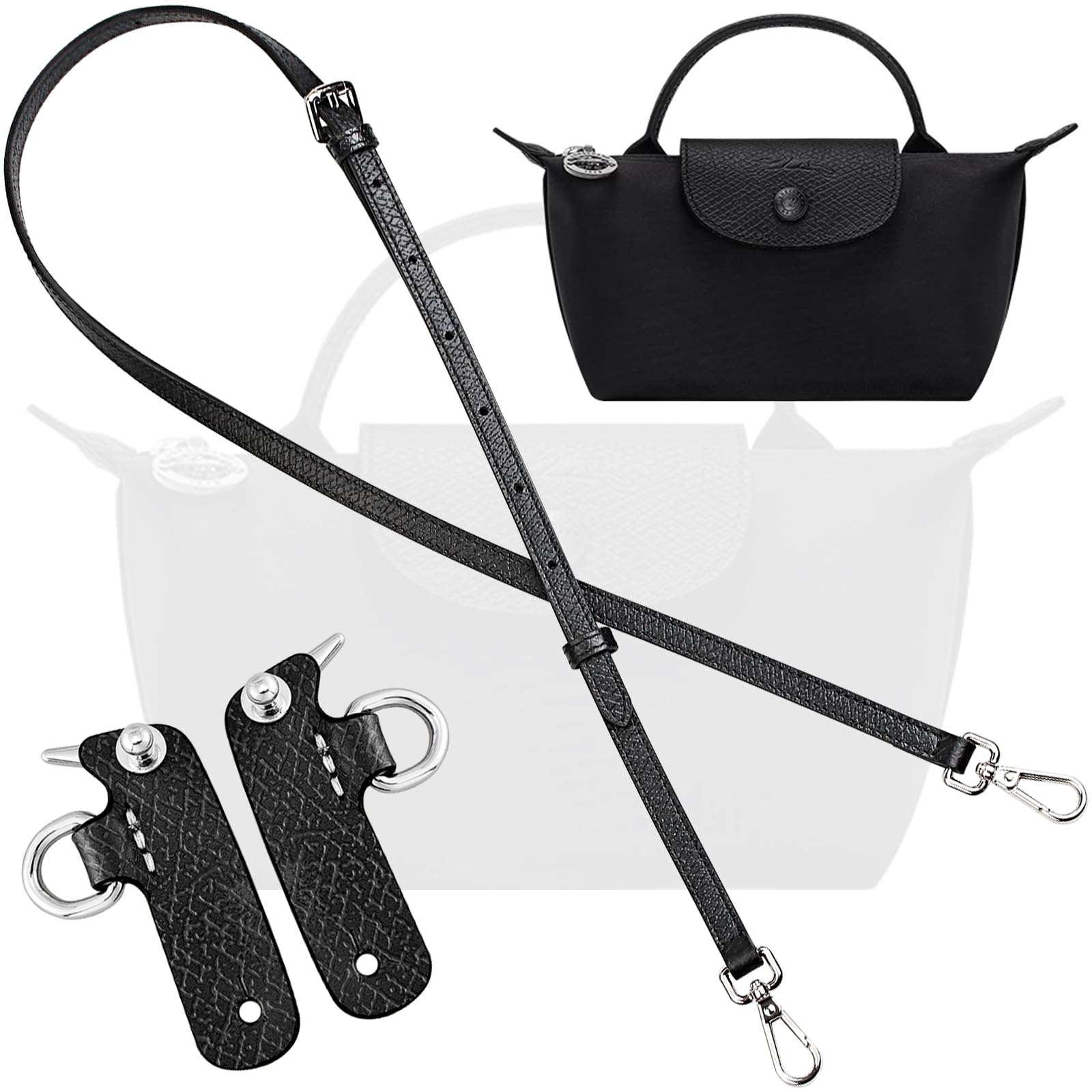 Bag Leather Strap Replacement Crossbody Shoulder Straps for xs MINI Pouch, No Damage Conversion Kits Accessories (MINI-Black-Silver hardware)