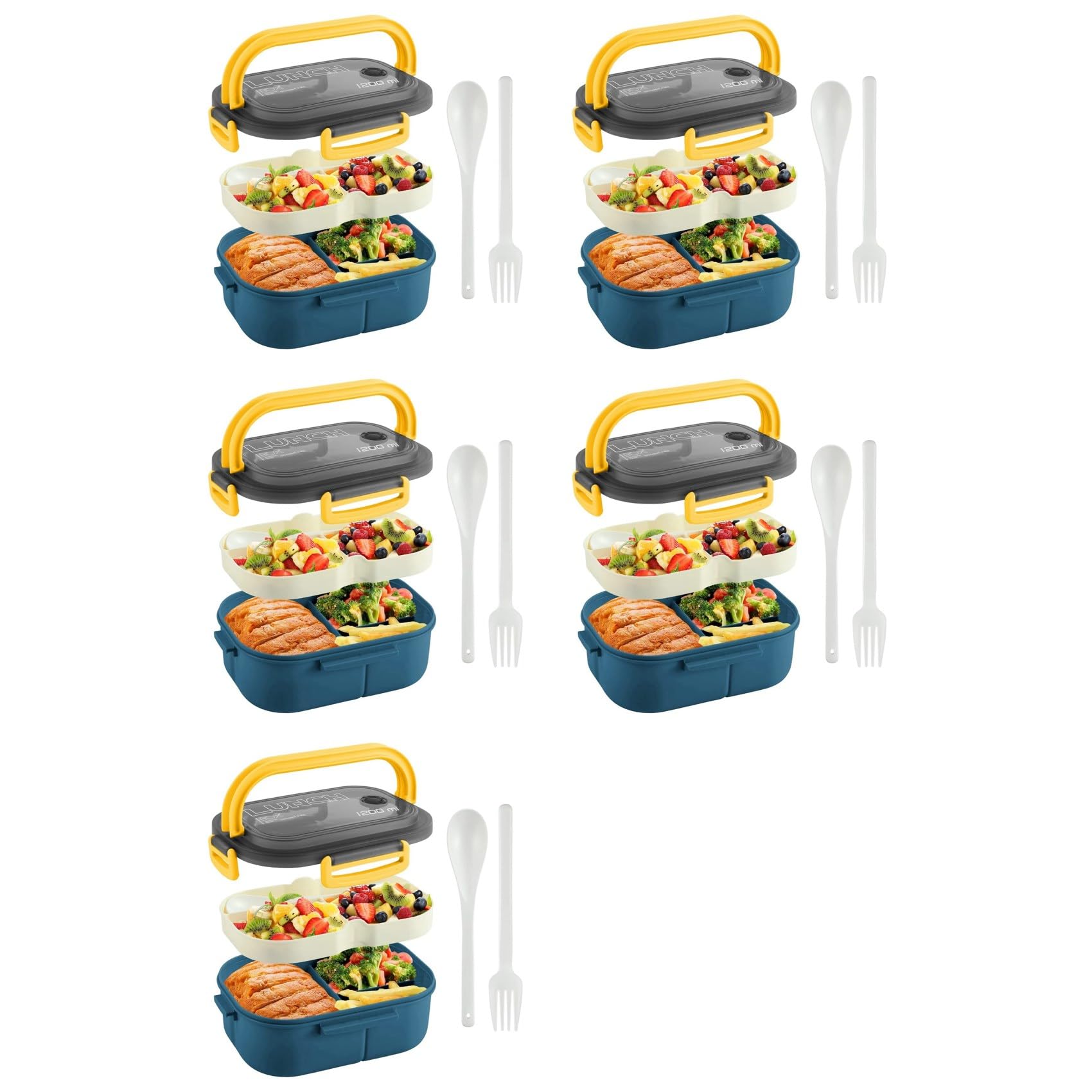 Hndhbfgrt 5X Bento Box Adult Lunch Box, 1200ML Double Layer Lunch Box with Spoon & Fork High Capacity Food Containers, Leakproof
