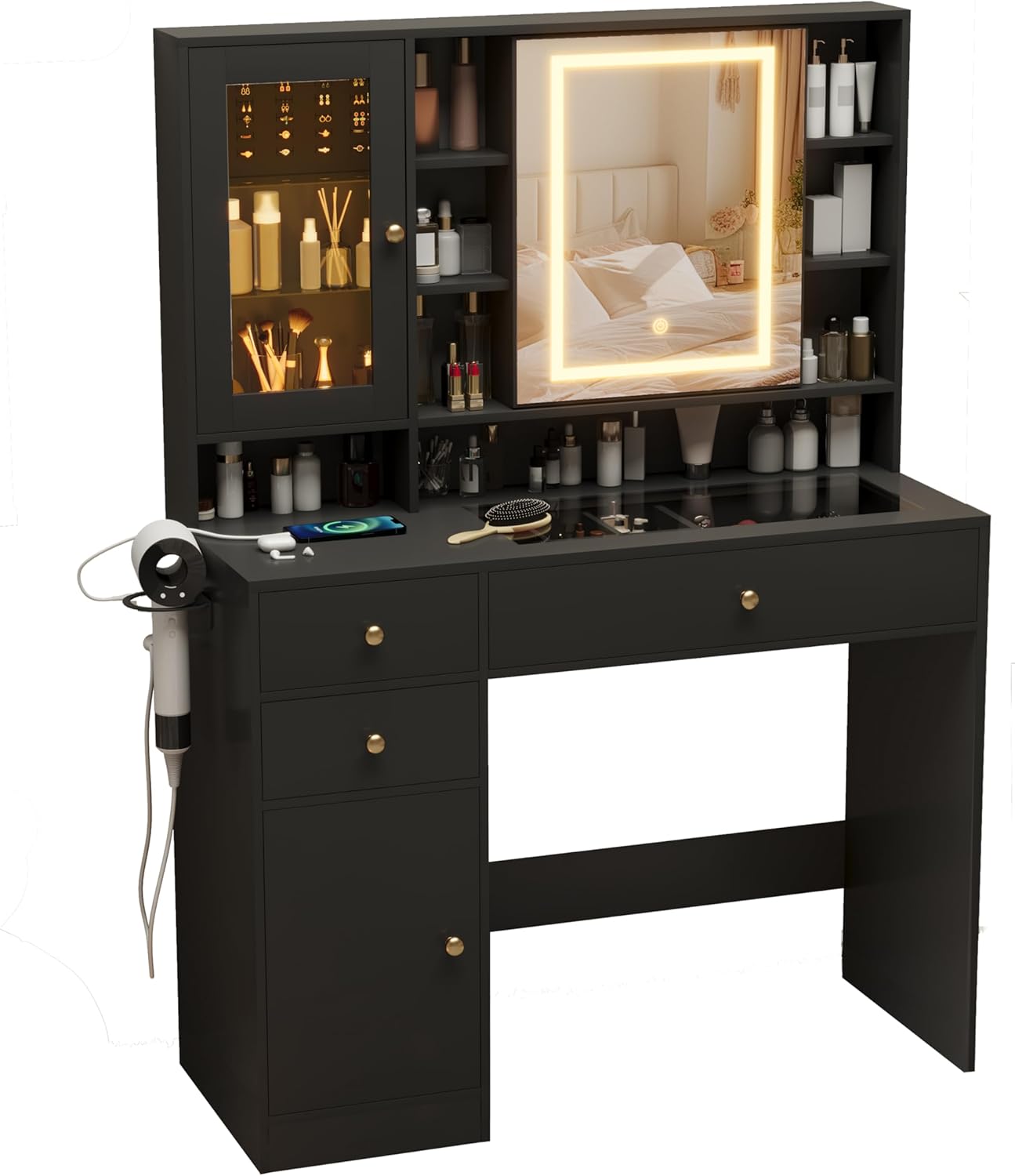 Makeup Vanity Desk with Mirror and Lights, Black Vanity with Glass Top, Jewelry Storage, Power Outlets, 3 Drawers & 2 Cabinets, Adjustable LED Lighting, Dressing Table for Women & Girls Bedroom