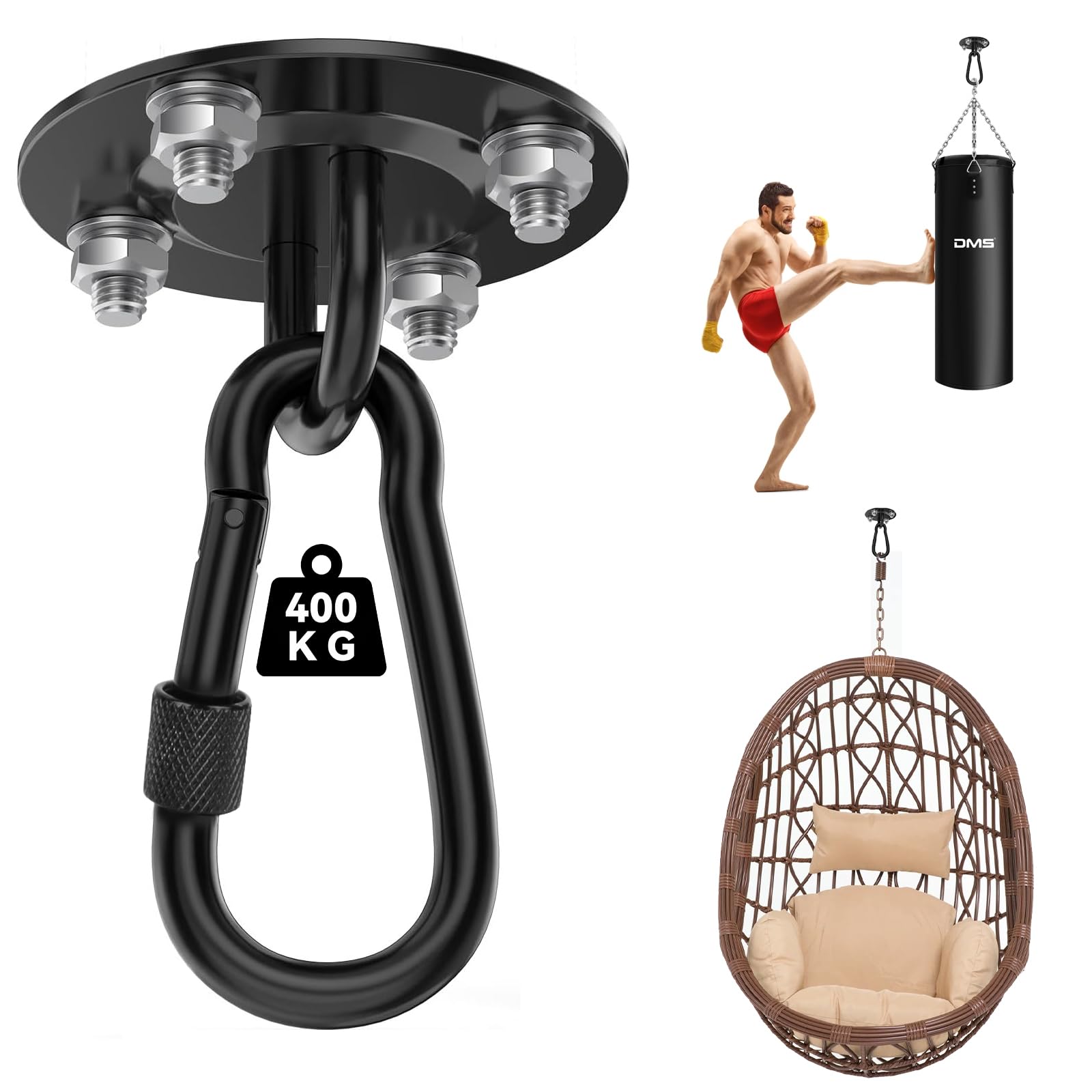 DAOOZHU 2 robusti Ganci per altalene girevoli a 180°in Acciaio Inox, Ganci a soffitto per carichi Pesanti con capacità di carico di 500 kg,per altalene ,sedie sospese e Sacchi di Sabbia