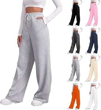 Baggy Wide Leg Sweatpants for Women Fleece High Waist Joggers with Pockets Lightweight Comfy Drawstring Sweat Pants