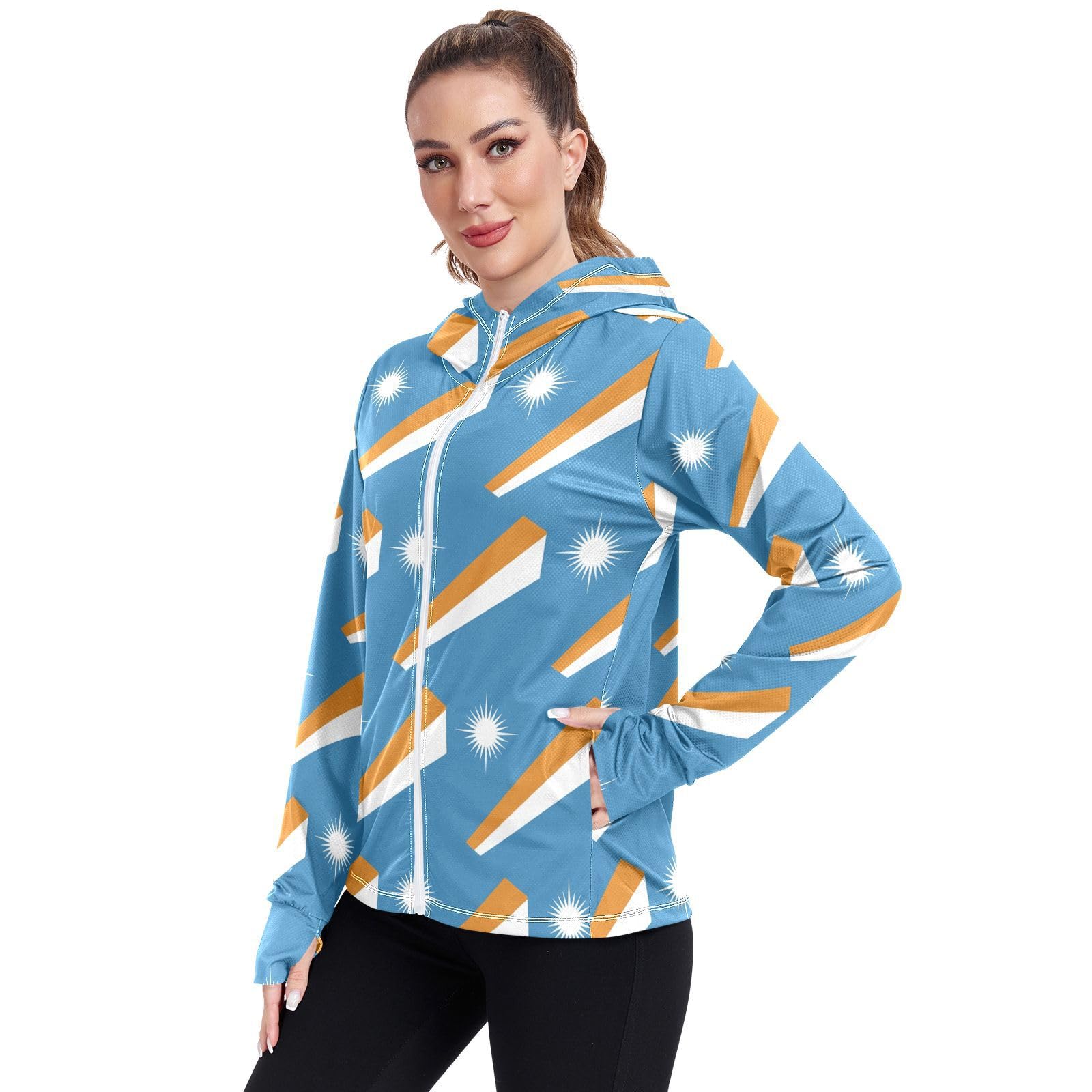 Marshall Islands Flag Women's UPF 50+ Sun Protection Hoodie Jacket Lightweight Long Sleeve Sun Shirt with Pocket Multicoloured