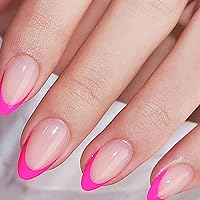 Vista 1 de Uñas postizas de almendra, 24 unidades, medianas, punta francesa rosa, ABS, cobertura completa, brillantes, uñas a presión con pegamento