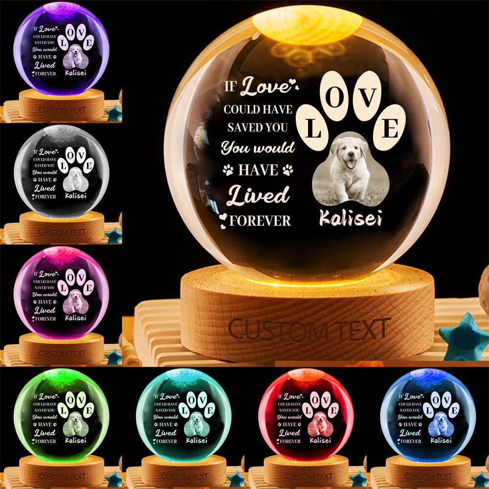 When you miss me have no fear Personalized Cat Dog Pet Photo Memorial Crystal Globe Lamp, Custom Picture 3D Memory Crystal Ball Night Light Keepsake,Remembrance Sympathy Gift for Loss of Dog Pet