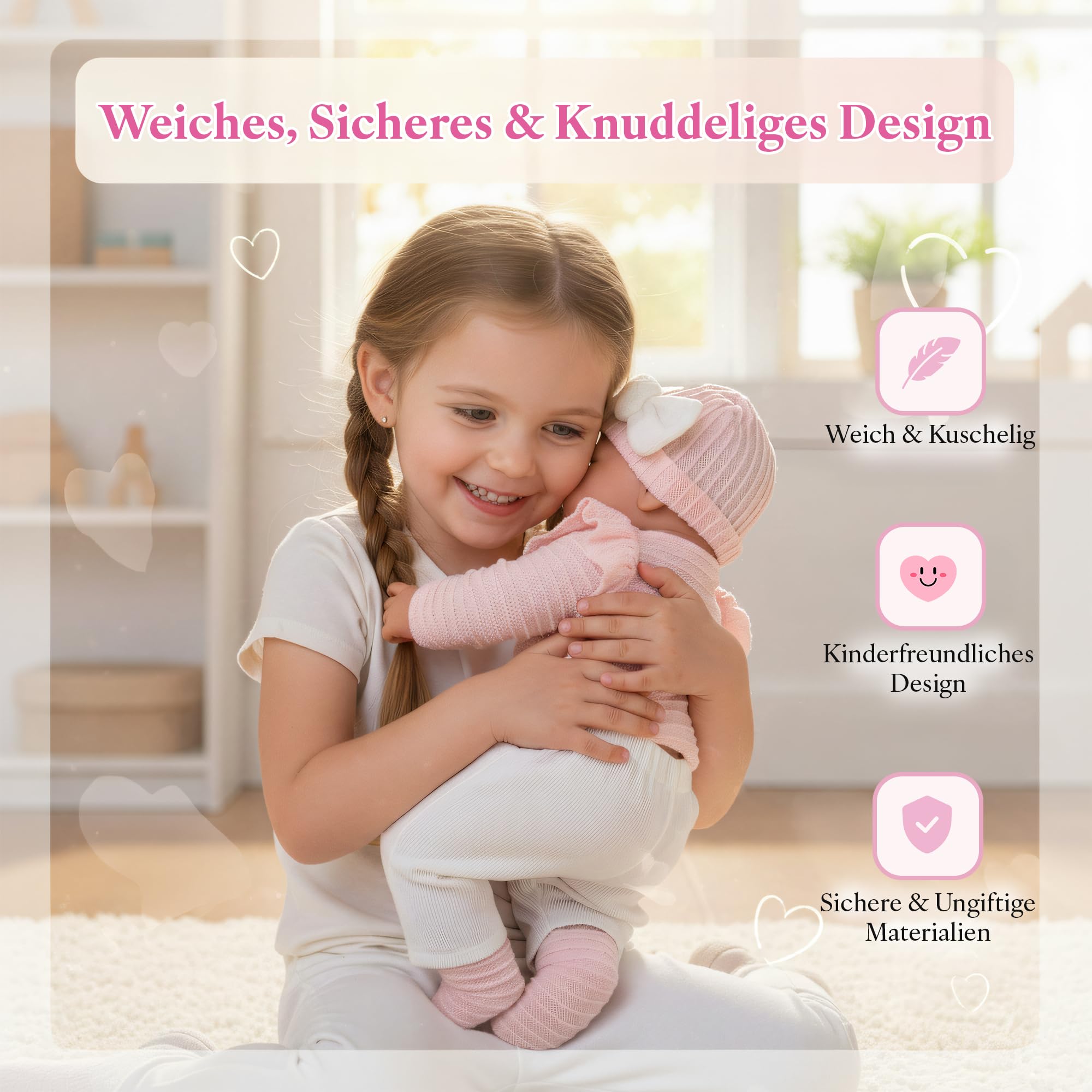 Kinderplay Lili Babypuppe 41 cm, realistische Weichkörperpuppe mit Geräuschfunktion und Schnuller, rosa Outfit, waschbare Kleidung, interaktive Puppe ab 3 Jahren, CE, Modell KP4204