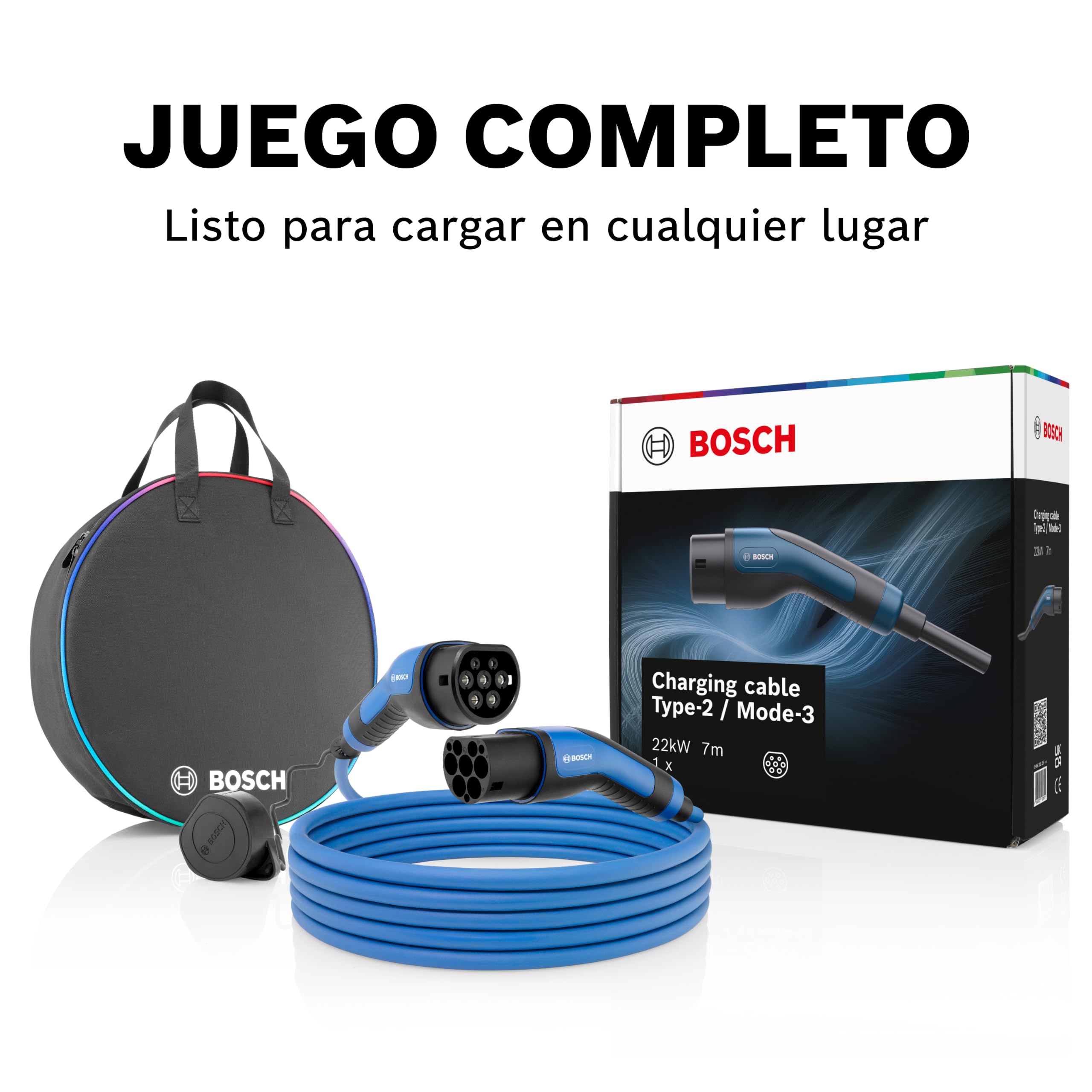 Bosch Cable de Carga EV - 22 kW, 7 Metros, trifásico, 32 A | Cable resistente para vehículos eléctricos e híbridos enchufables - tipo 2 a tipo 2, modo 3 - incluye bolsa de transporte