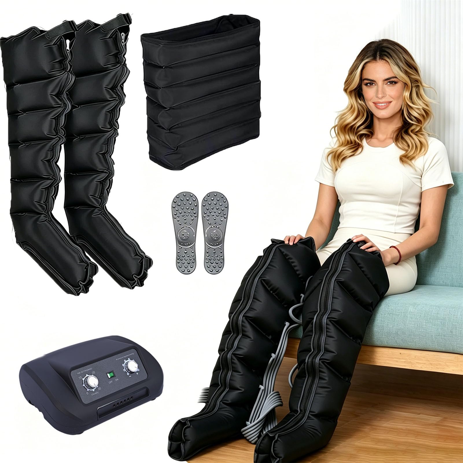 SULQING Leg Compression Machine for Circulation and Pain Relief, Air Compression Boots with Pressotherapy and Lymphatic Drainage, Customisable 0-240 mmHg Pressure and 0-30 Minute Timer