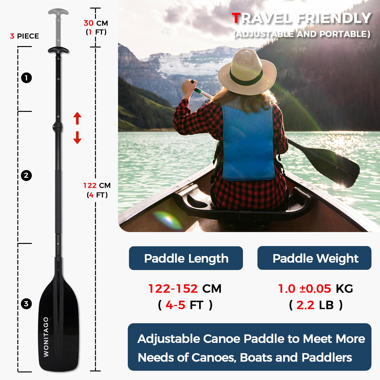 Pagaie de canoë avec tige en aluminium et lame en plastique, pagaie réglable pour canoë, bateau et rafting, 122-152 cm, noir/jaune