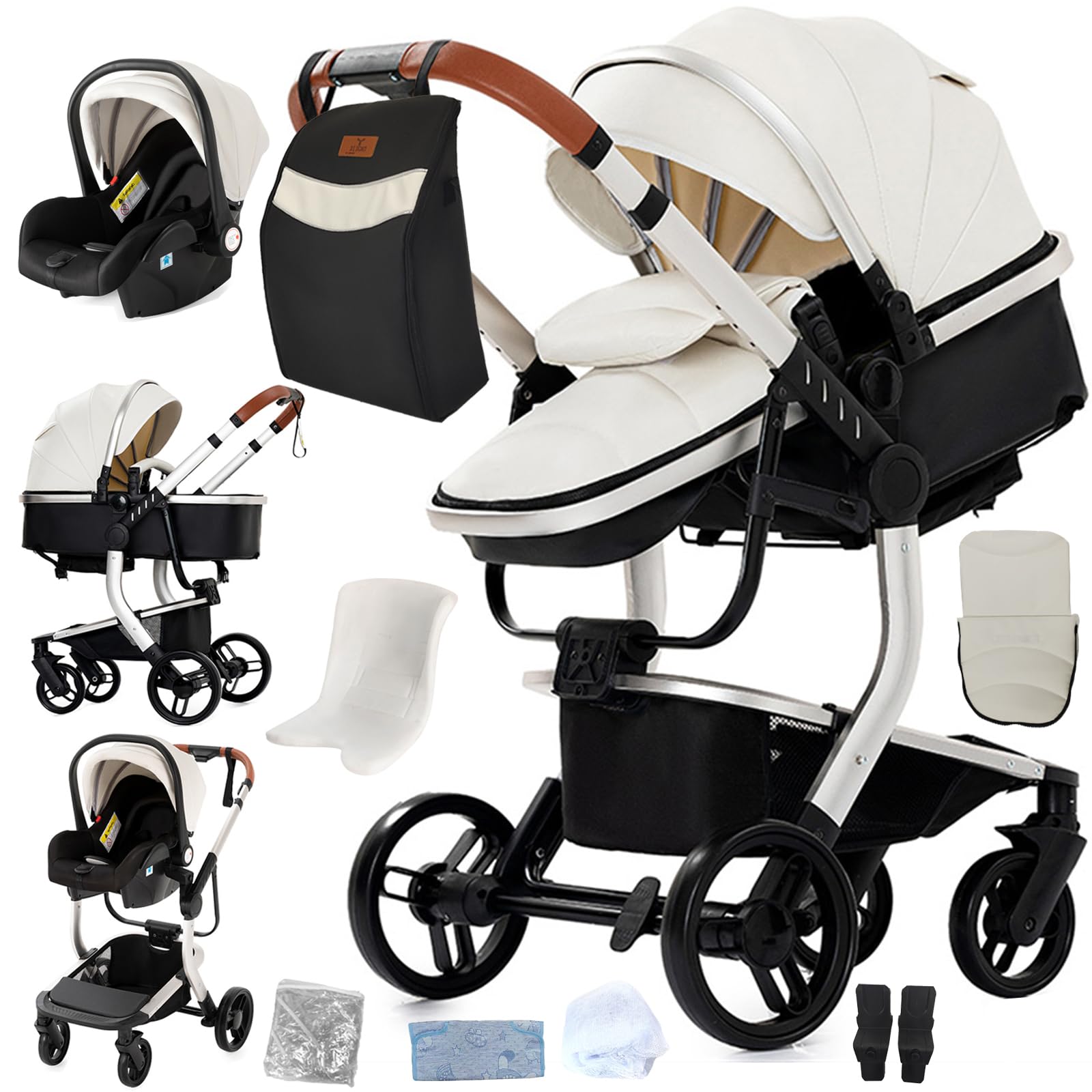 Magic ZC Pelle PU Passeggino Trio, Passeggino 3 in 1 con Spinta Reversibile a Due Vie, Trio Neonati con Accessori, Carrozzina per Neonati con Design Portatile Pieghevole Un Clic (B518 White)
