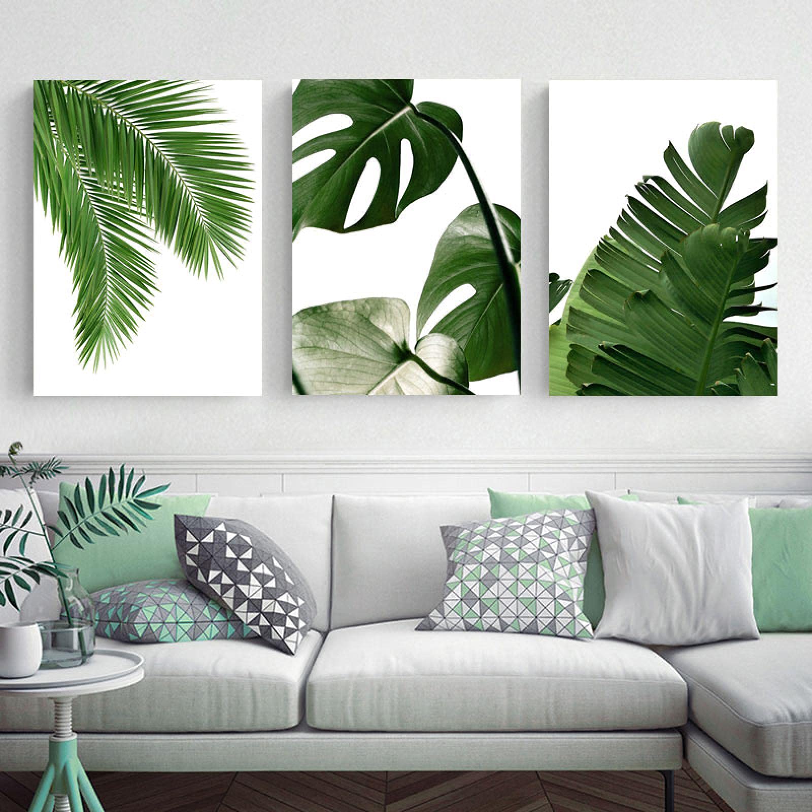 Hojas tropicales verdes Cuadro sobre lienzo para pared Plantas Carteles nórdicos e impresiones Cuadros de pared para decoración para sala de estar 30x50cm (12x20in) x3 Marco interior