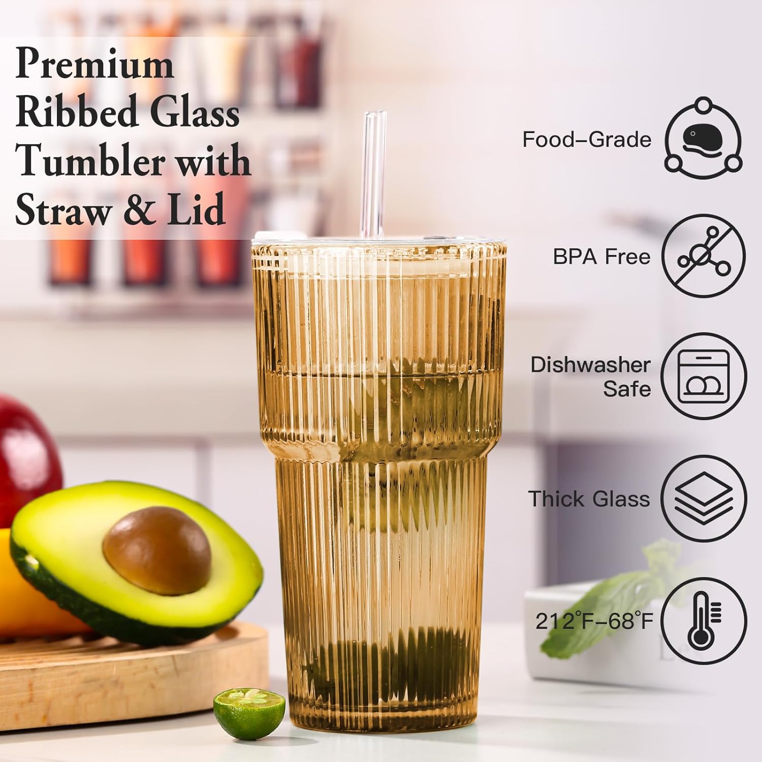 4PCS Amber Ribbed Glass Cups with Lids and Straws, 20oz Vintage Drinking Glasses, Aesthetic Iced Coffee Cups, Glass Tumbler for Boba, Beer, Tea, Cocktails, Ribbed Glassware Set,Amber Brown Glass Cup - Image 2