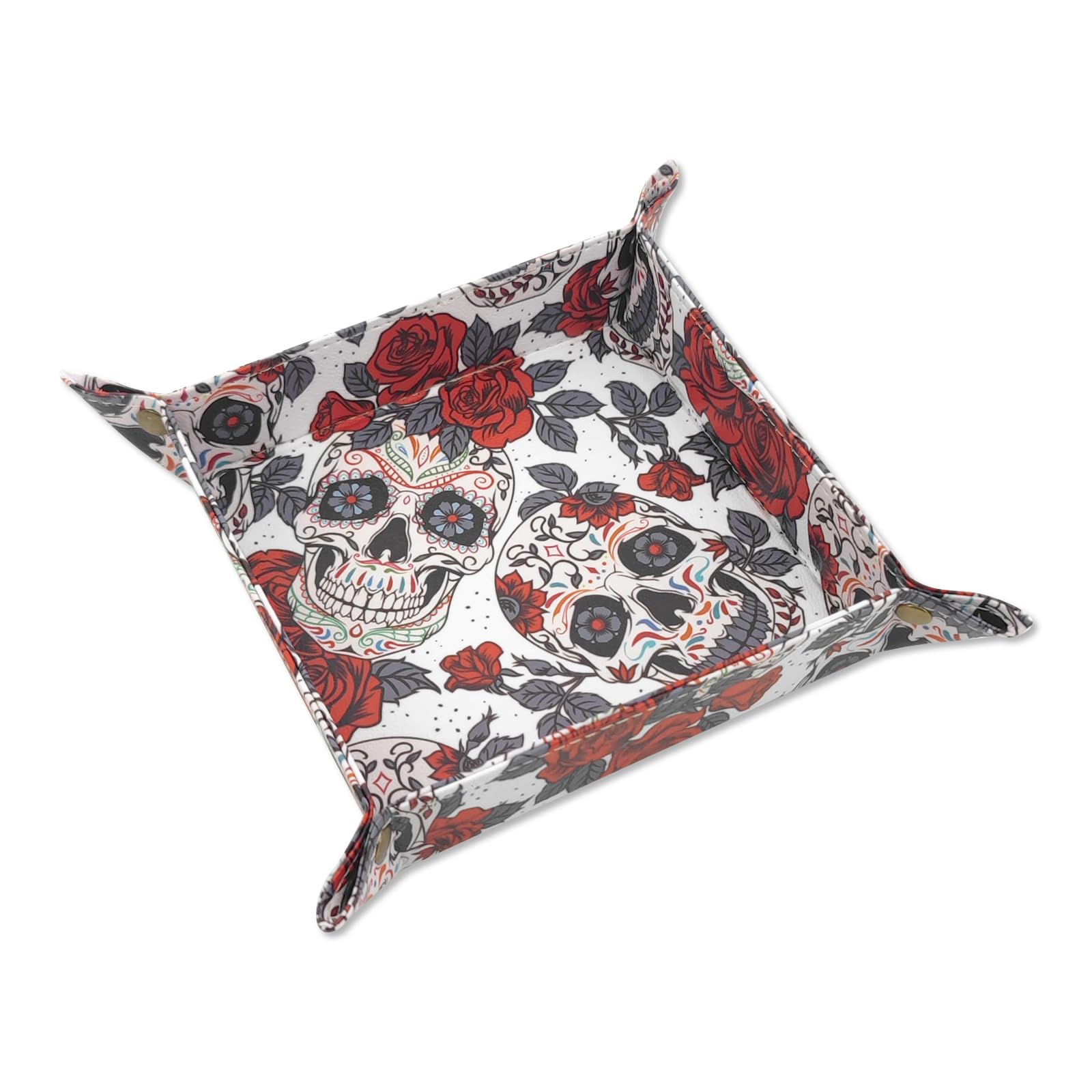 PU Leather Jewelry Tray, Valet Tray Catchall Storage Dish Plate, Entryway Desk Organizer for Phone, Keys, Wallet, Watch - Skull Rose