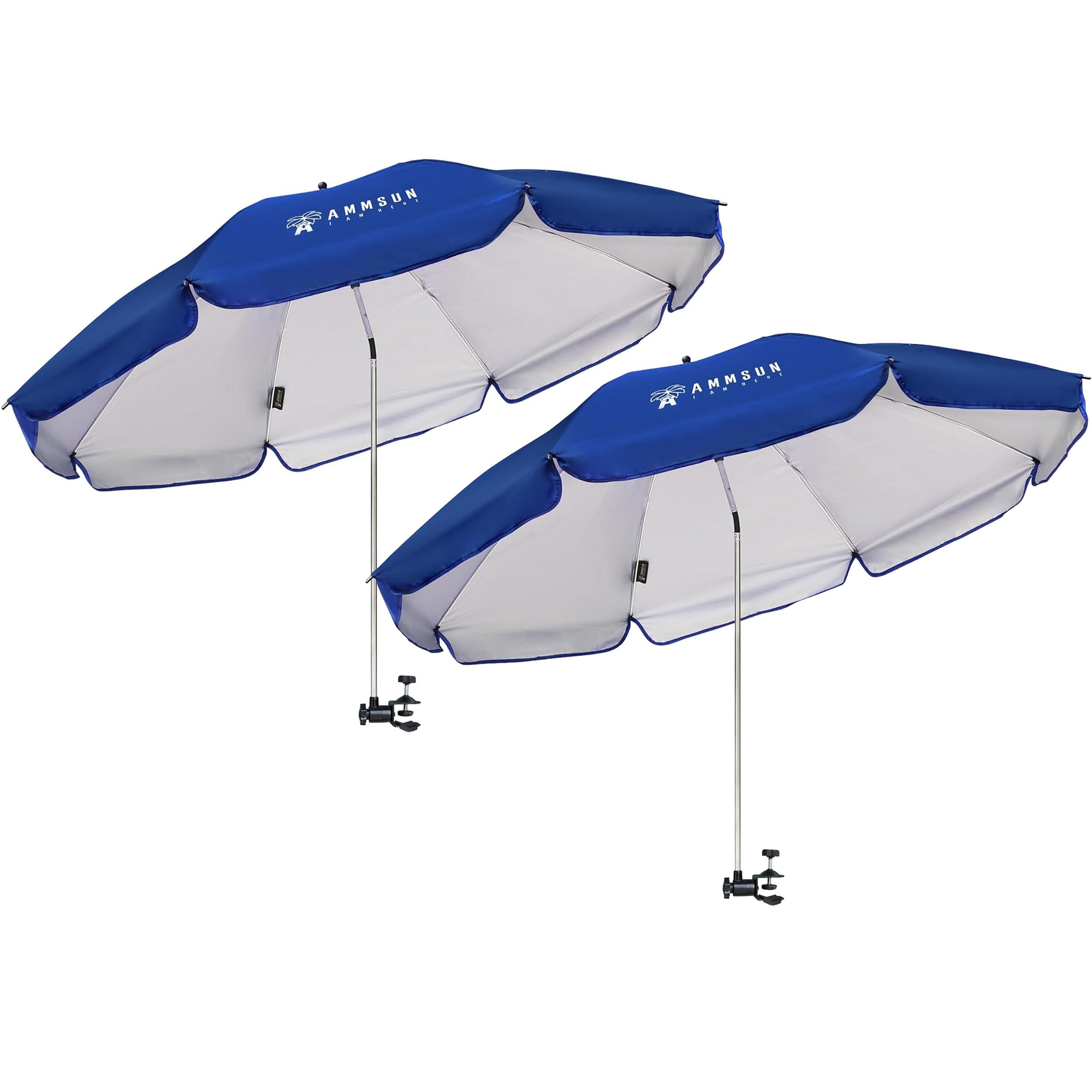 AMMSUN 2 PCS XL Chair Umbrella with Universal Clamp 52 inches and 360-degree Swivel UPF 50+,Portable Clamp on Camping or Beach Chair, Stroller, Wheelchair, Blue, 2 Pack