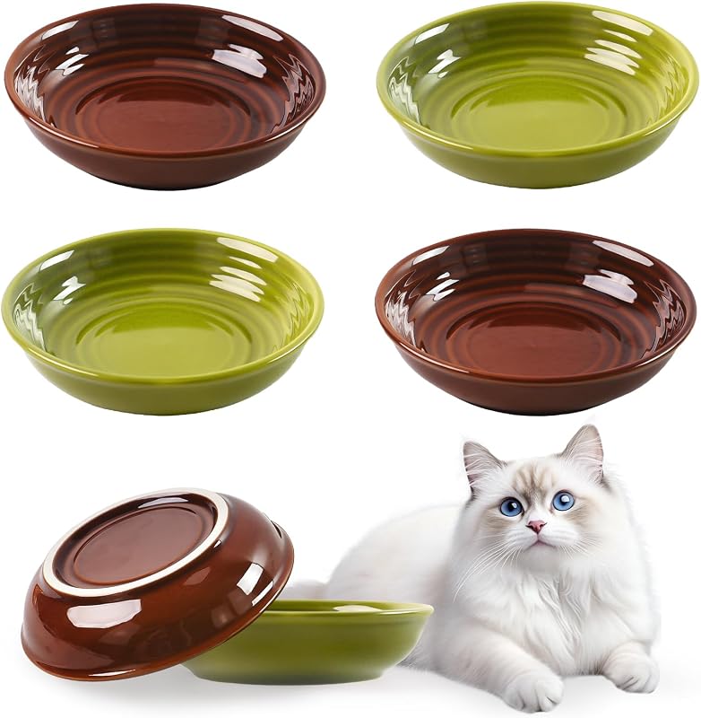 Potes de Cerâmica para Gatos STAOVA, Rasos e Compatíveis com Bigodes, Marrom-Verde, Pacote com 4