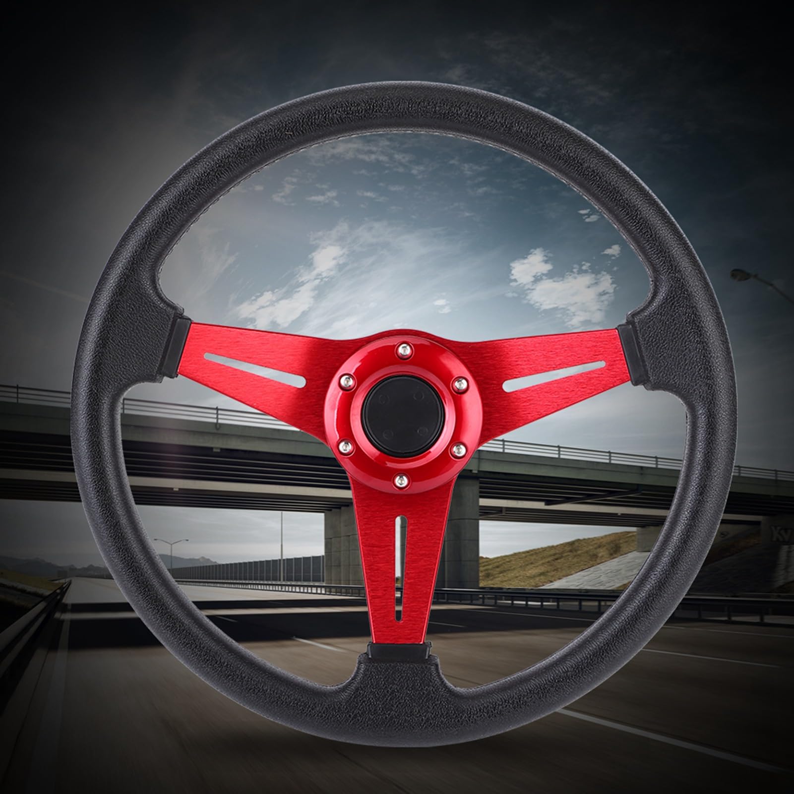 Volante Sportivo Universale 350 Mm – In Lega Di Alluminio E PU Con Finiture Rosso/argento | Sostituzione Per Auto Da Corsa E Drift | Kit Con Chiave E Morsetti, Facile Da Montare